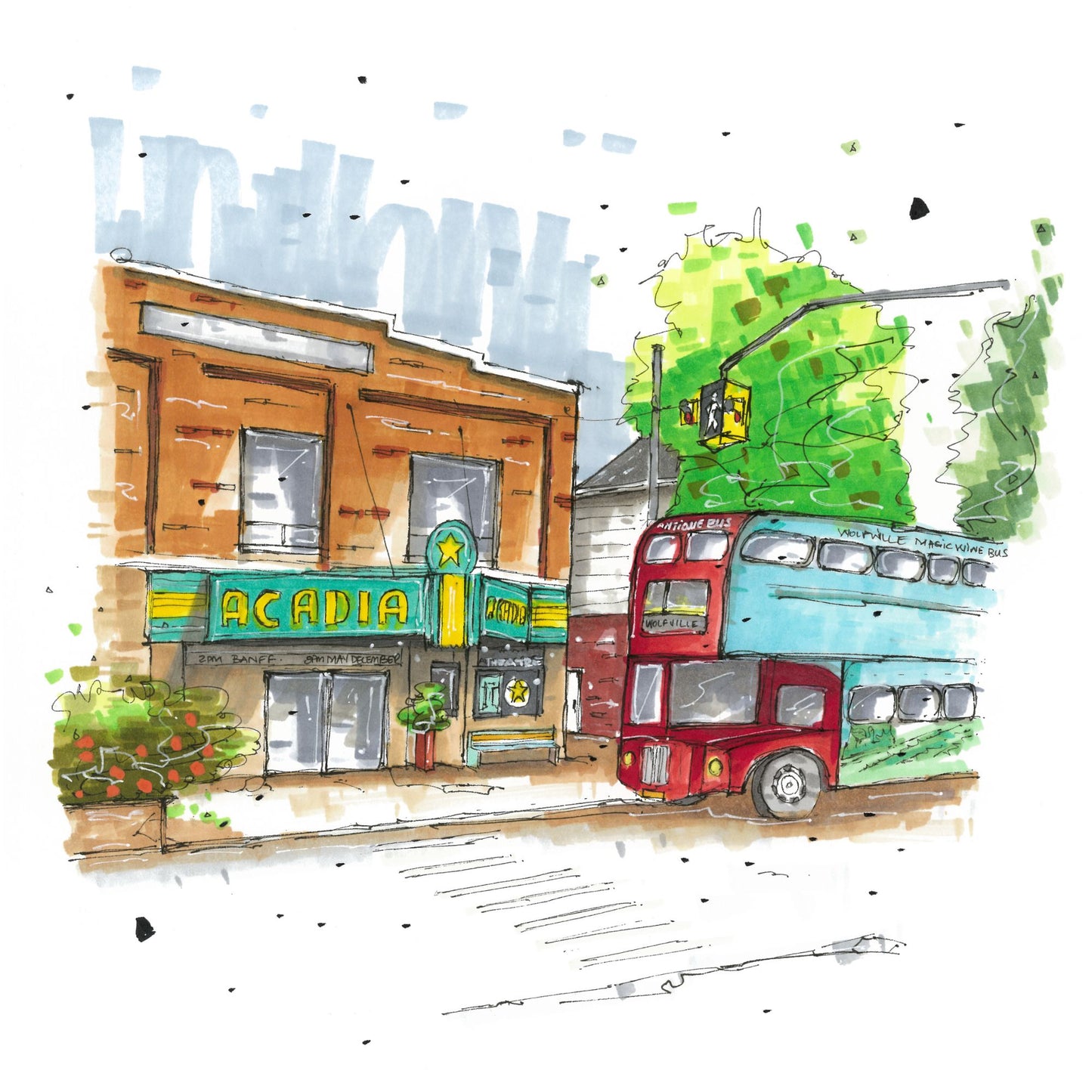 Al Whittle Theatre, Acadia Theatre & Magic Winery Bus Wolfville, Urban Sketch, Greeting Card with Craft Envelope, Downtown Sketcher, Wynand van Niekerk