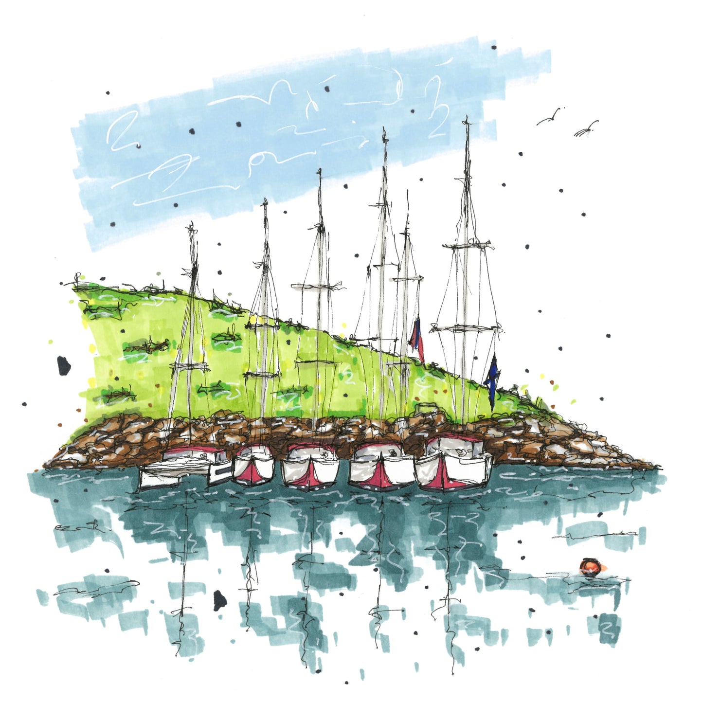 Anchored Sailboats, Lunenburg, Nova Scotia, Greeting Card, Downtownsketcher, Wynand van Niekerk, DTS0047