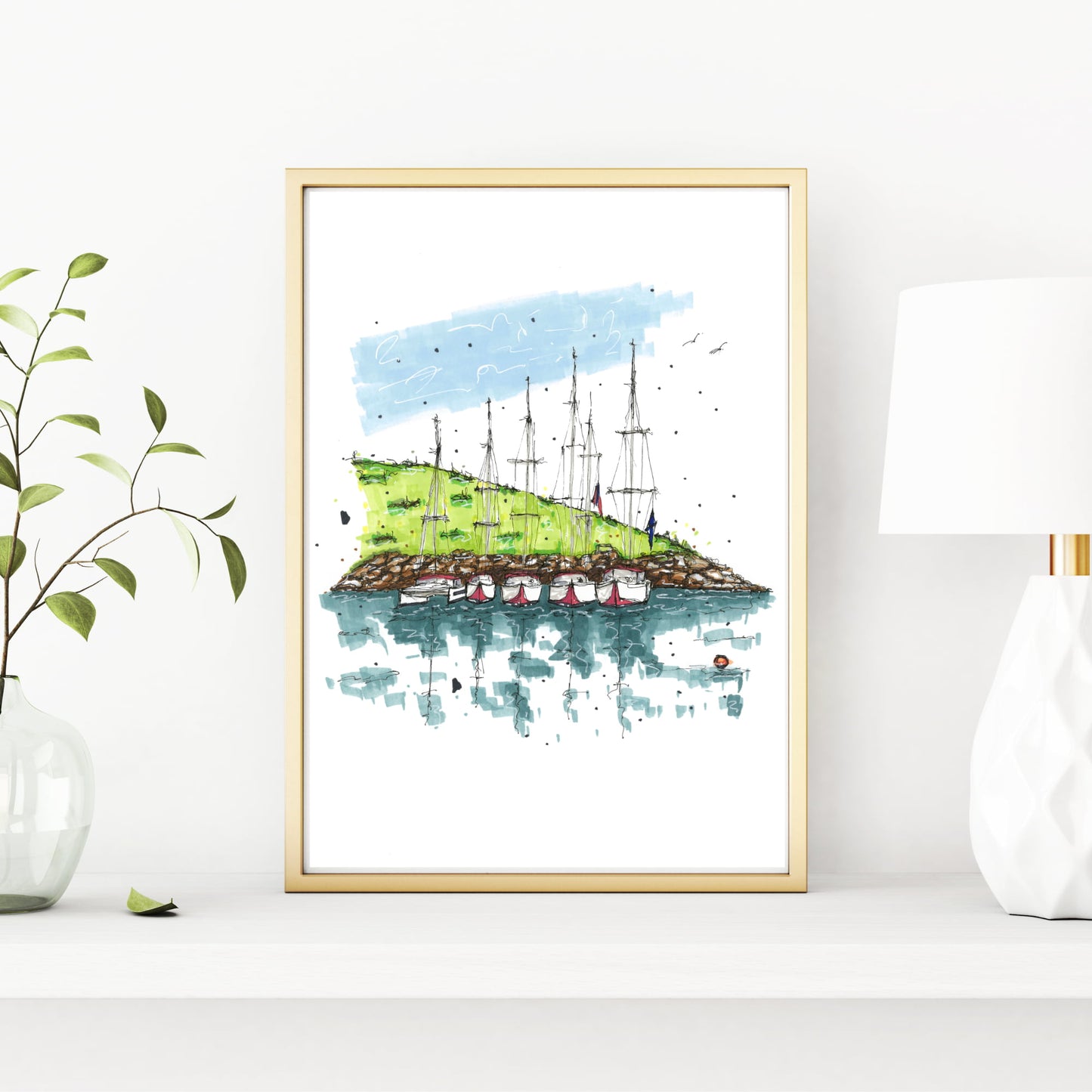 Anchored Sailboats, Lunenburg, Nova Scotia, Greeting Card, Downtownsketcher, Wynand van Niekerk, DTS0047