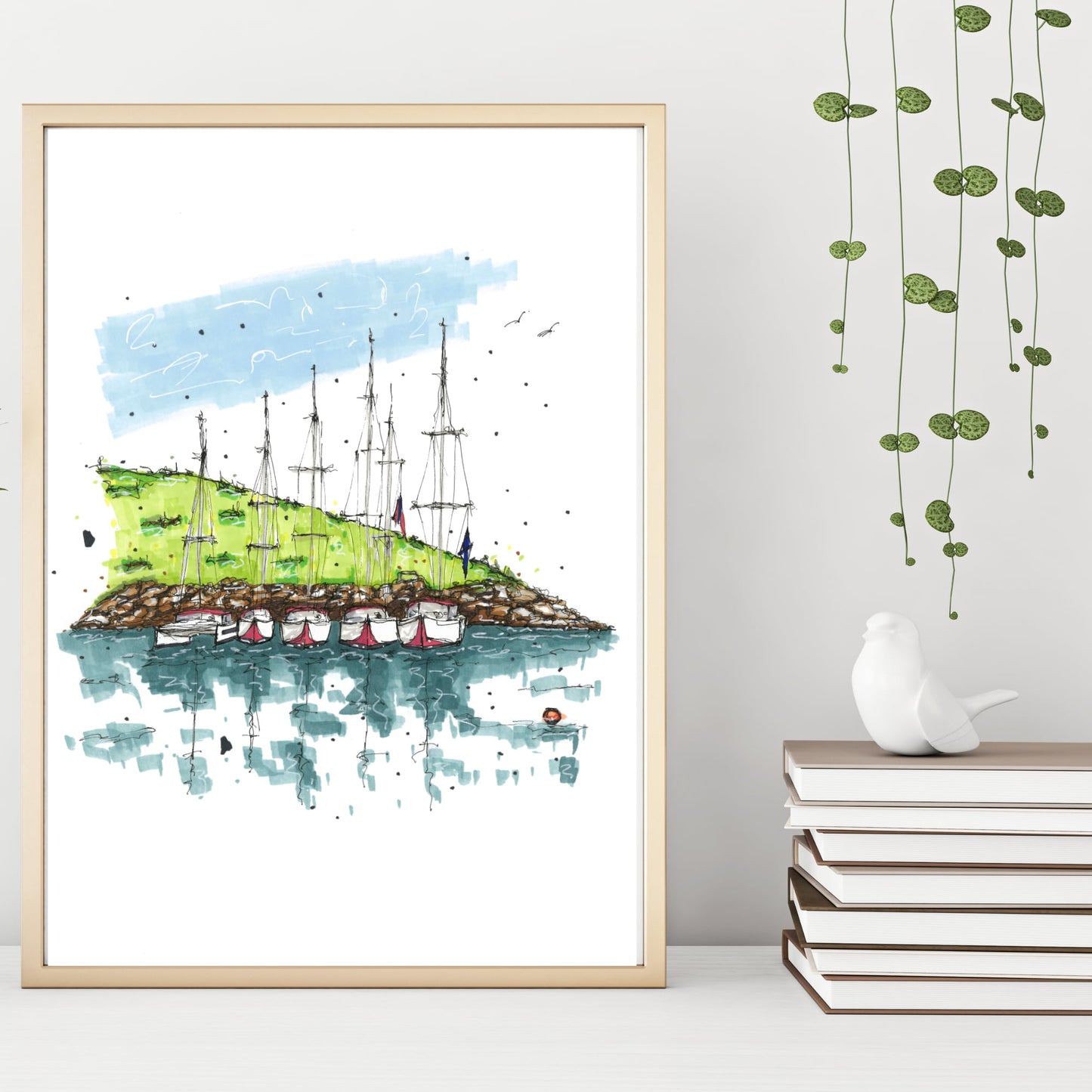 Anchored Sailboats, Lunenburg, Nova Scotia, Greeting Card, Downtownsketcher, Wynand van Niekerk, DTS0047