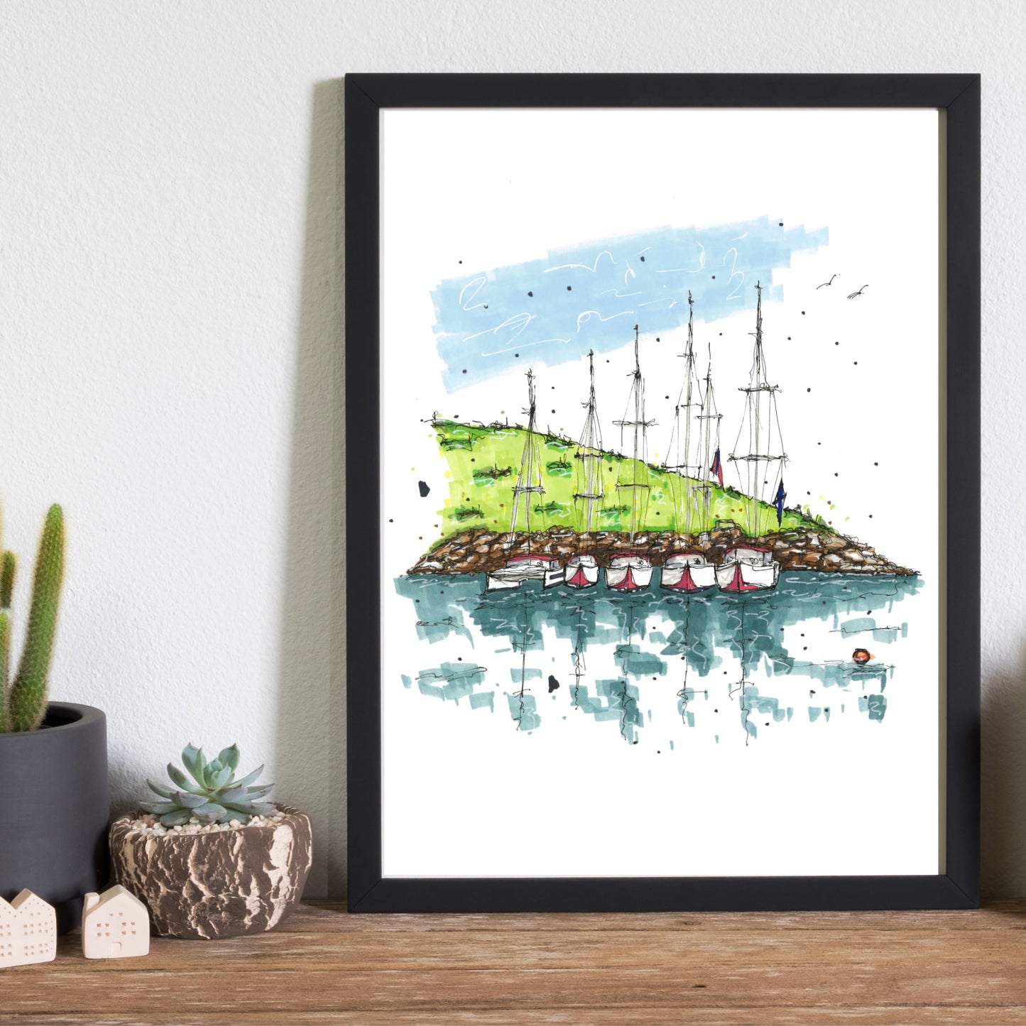 Anchored Sailboats, Lunenburg, Nova Scotia, Greeting Card, Downtownsketcher, Wynand van Niekerk, DTS0047