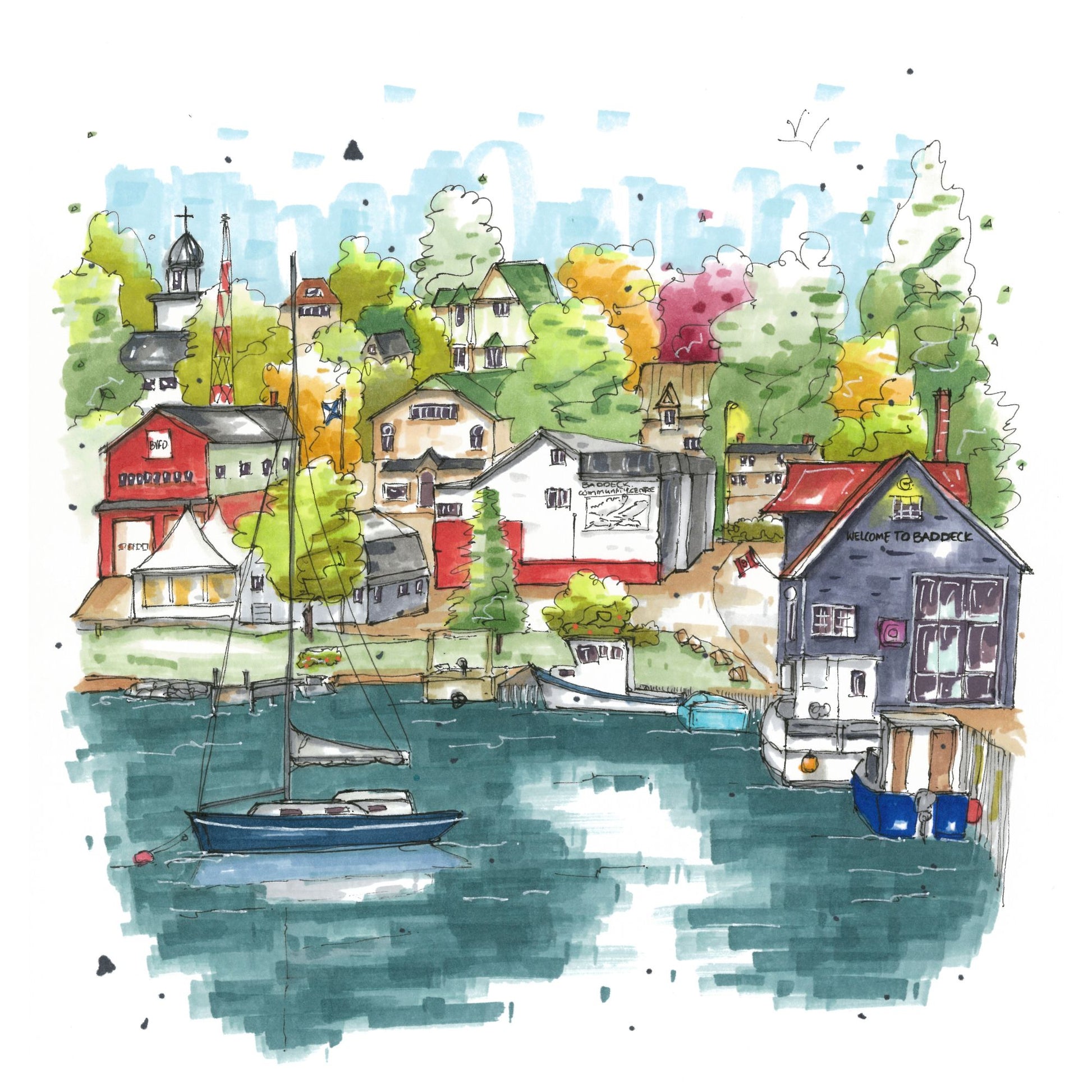 Baddeck Waterfront, Nova Scotia, Greeting Card, Downtown Sketcher, Wynand van Niekerk