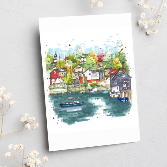 Baddeck Waterfront, Nova Scotia, Greeting Card, Downtown Sketcher, Wynand van Niekerk