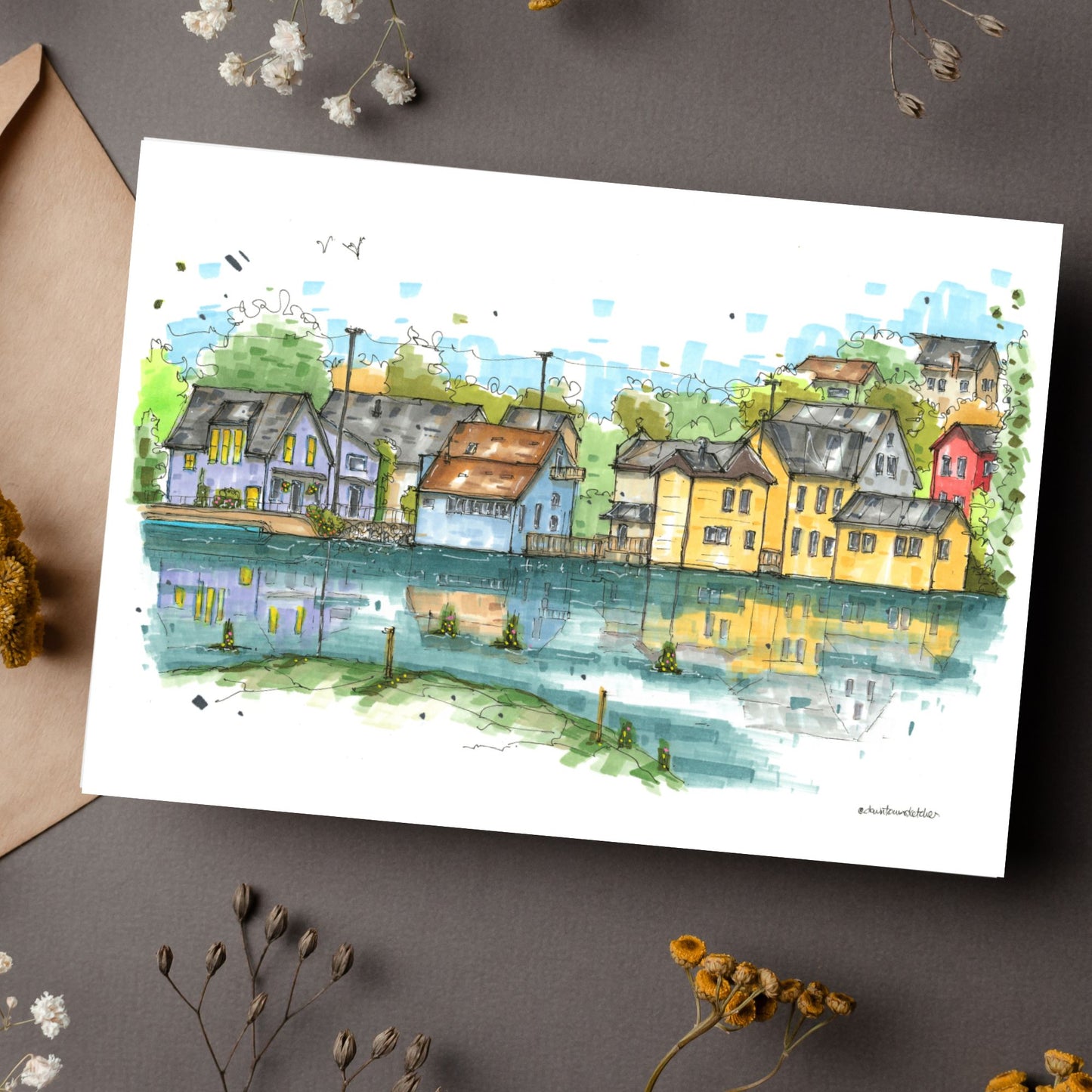 Bear River High Tide, Nova Scotia, Greeting Card - Downtown Sketcher