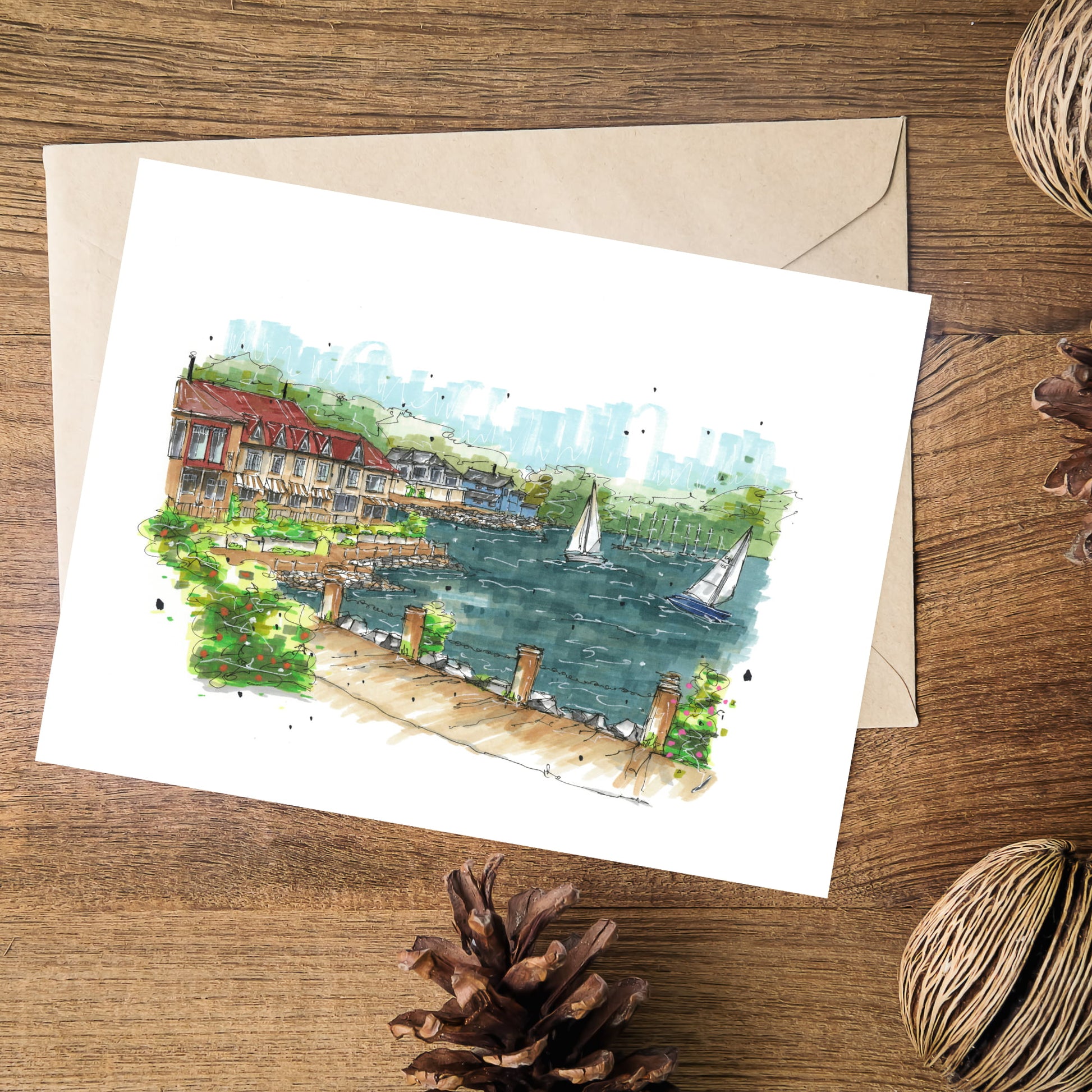 Bedford Basin, Halifax, Nova Scotia, Urban Sketch, Greeting Card with Envelope, Downtown Sketcher, Wynand van Niekerk