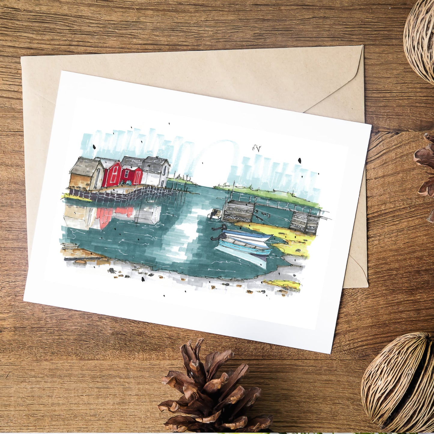 Blue Rocks Reflection, Blue Rocks, Nova Scotia, Urban Sketch, Greeting Card with Envelope, Downtown Sketcher, Wynand van Niekerk, DTS0095GCE