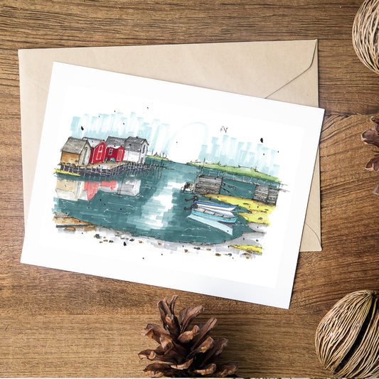 Blue Rocks Reflection, Blue Rocks, Nova Scotia, Urban Sketch, Greeting Card with Envelope, Downtown Sketcher, Wynand van Niekerk, DTS0095GCE