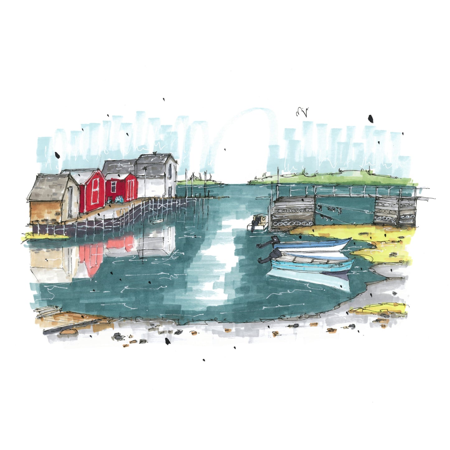 Blue Rocks Reflection, Blue Rocks, Nova Scotia, Urban Sketch, Greeting Card with Envelope, Downtown Sketcher, Wynand van Niekerk, DTS0095GCE