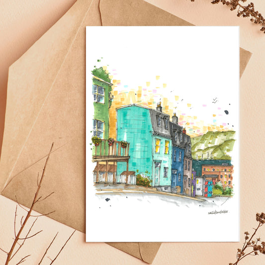 Colourful houses, Halloway street, St John's, Newfoundland, Greeting Card - Downtown Sketcher
