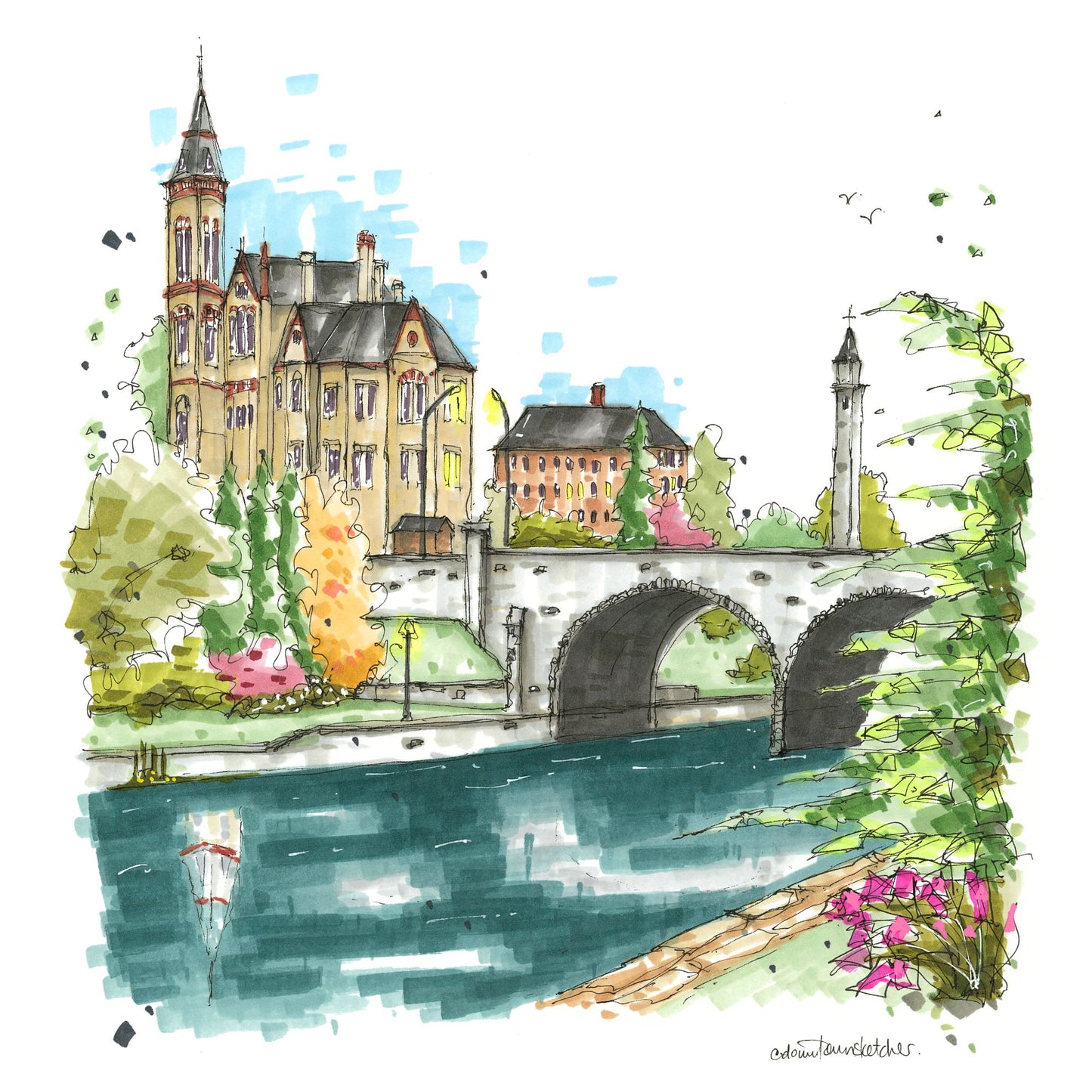 Court of Justice from Avon River, Stratford, Ontario, Greeting Card - Downtown Sketcher