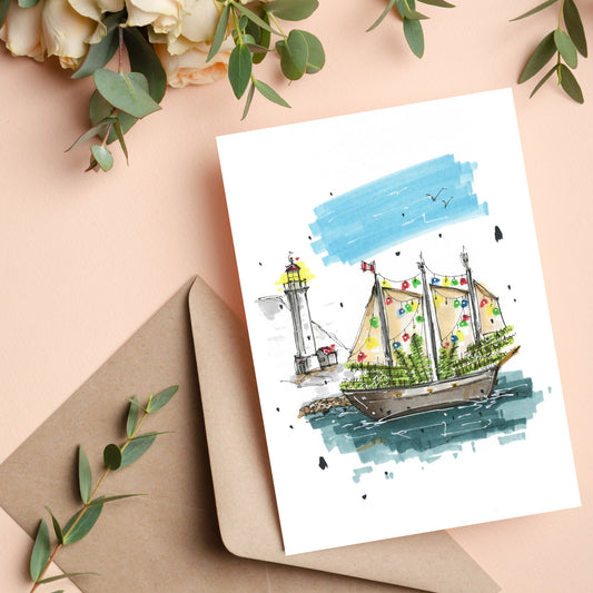 Cruising Xmas Trees on The Tall Ship Silva - Elves in the Antique Bus, Nova Scotia, Greeting Card, Downtownsketcher, Wynand van Niekerk, DTS0078