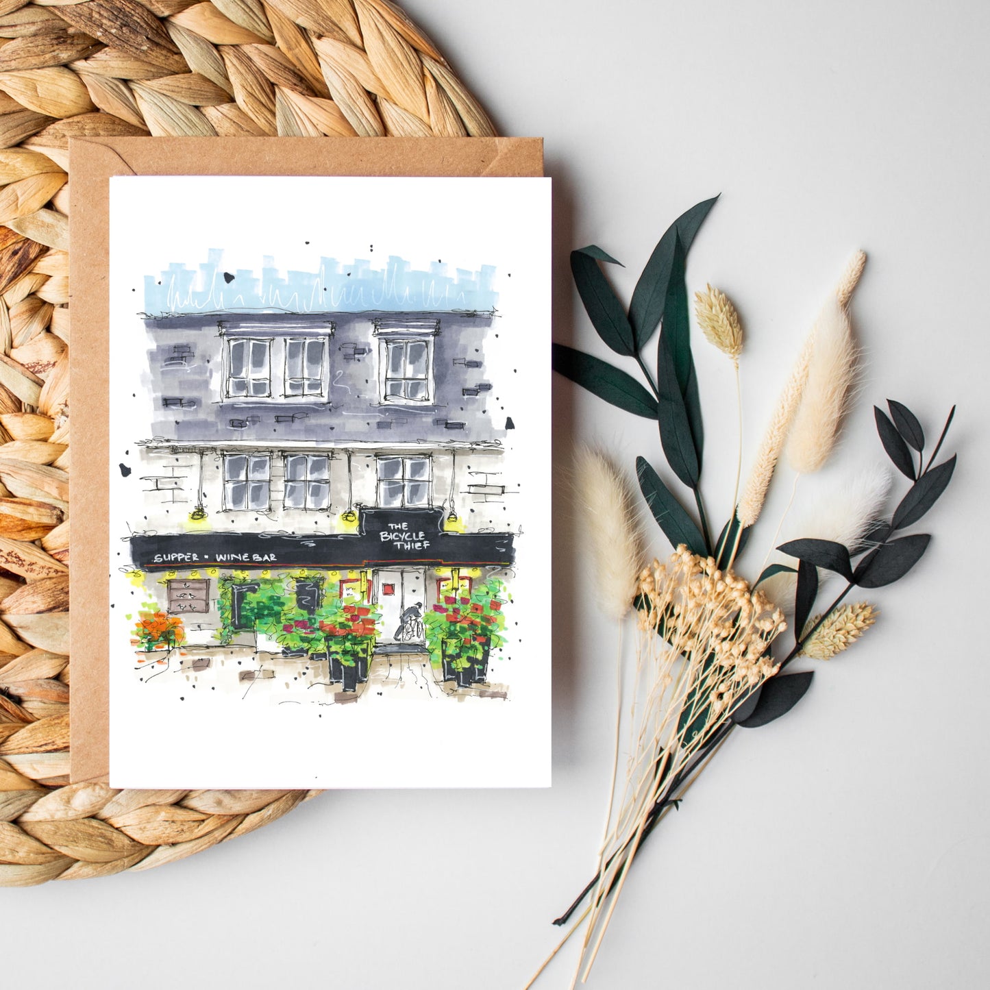 DTS0025 - The Bicycle Thief - Halifax - Storefront Sketch – Greeting Card with Envelope – Downtown Sketcher – Wynand van Niekerk