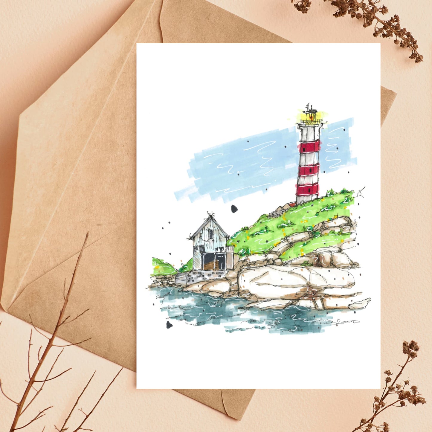 Sambro Island Lighthouse- Halifax - Storefront Sketch – Greeting Card with Envelope – Downtown Sketcher – Wynand van Niekerk