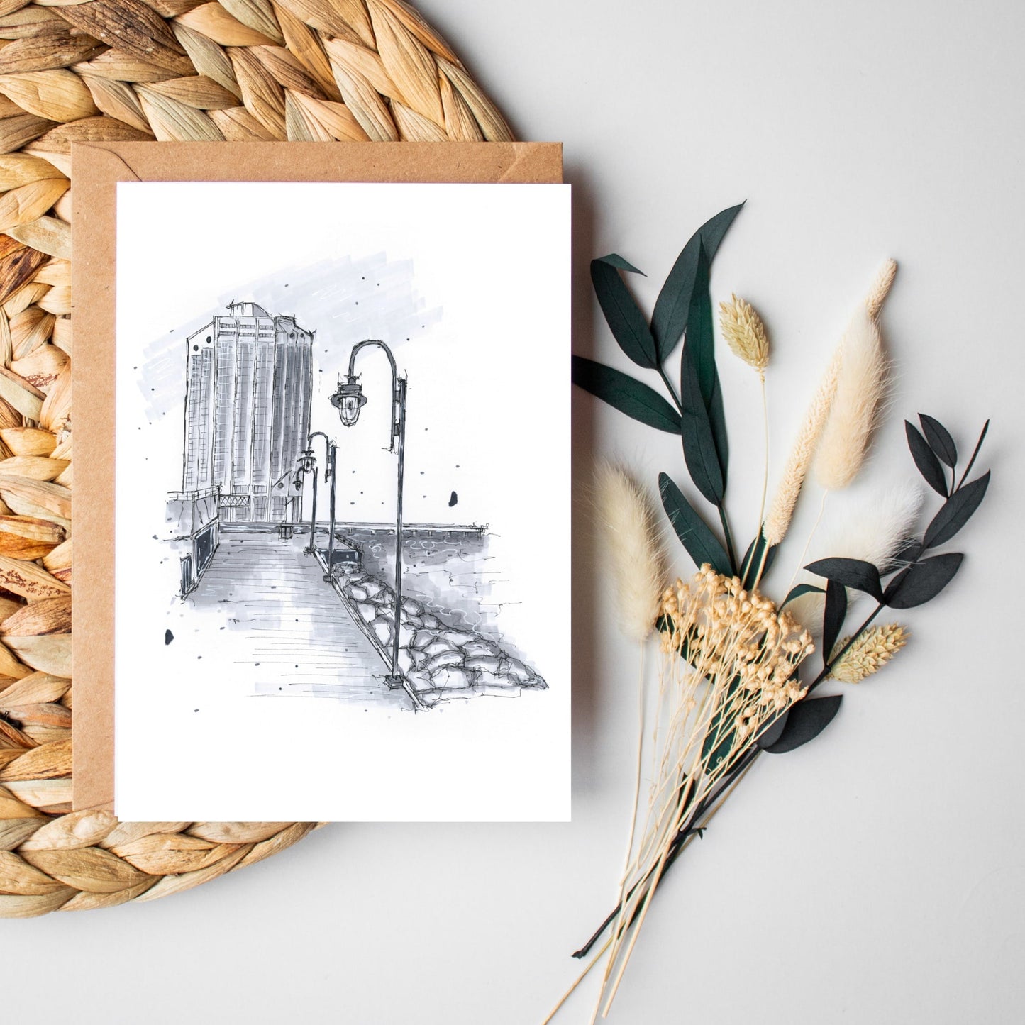 DTS0032 - Purdy's Wharf - Halifax - Storefront Sketch – Greeting Card with Envelope – Downtown Sketcher – Wynand van Niekerk