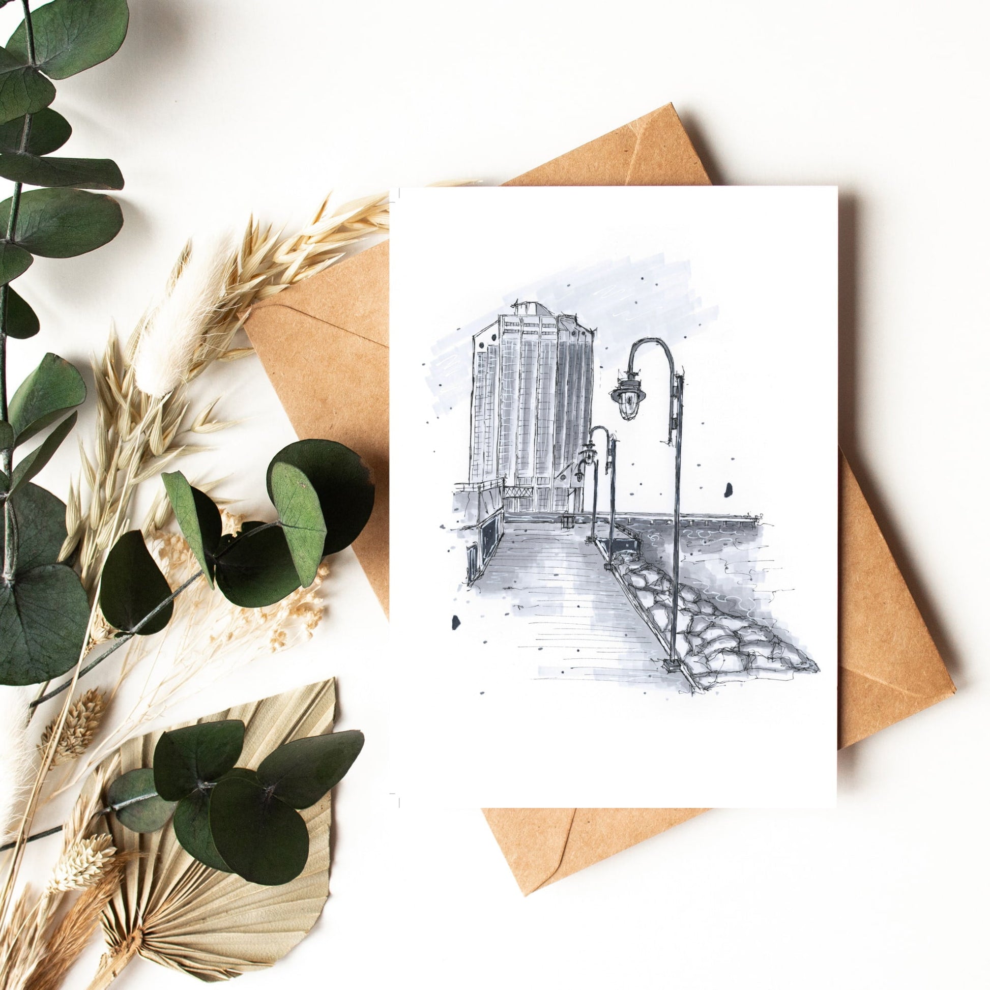 DTS0032 - Purdy's Wharf - Halifax - Storefront Sketch – Greeting Card with Envelope – Downtown Sketcher – Wynand van Niekerk