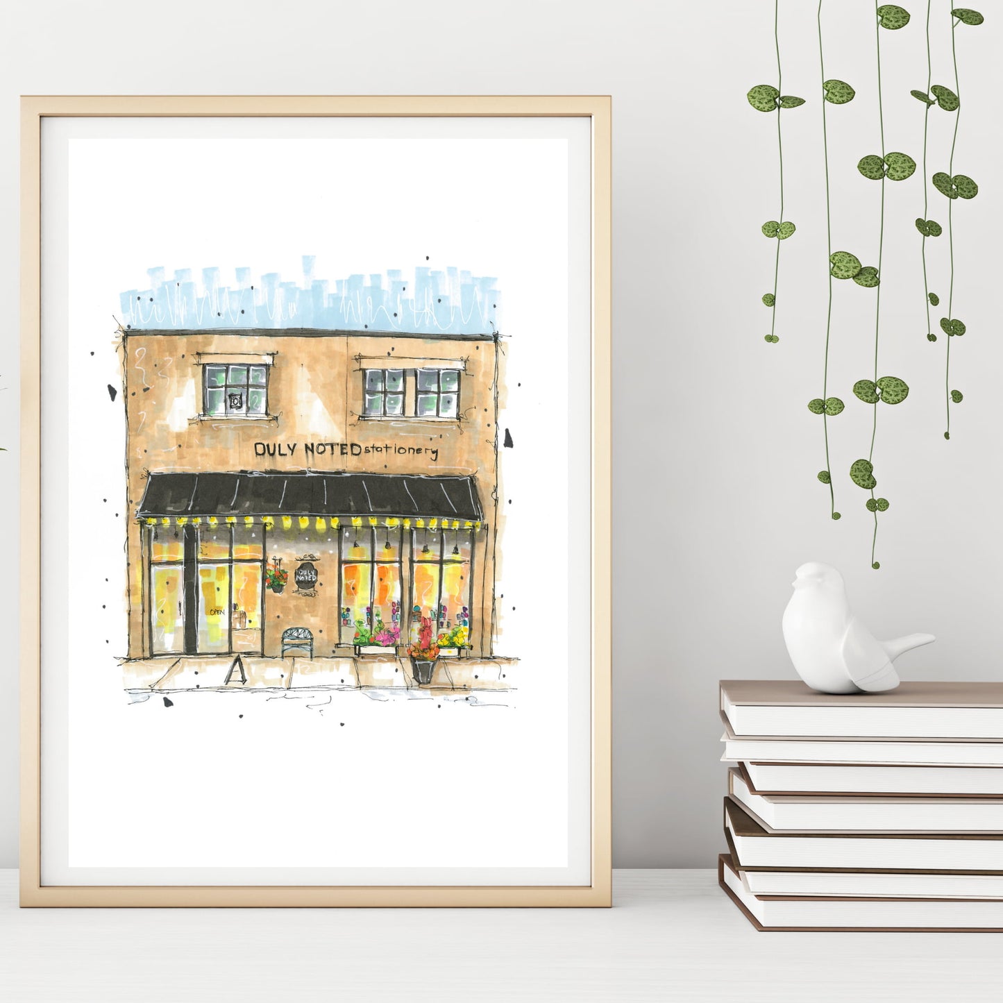 DTS0039 - Duly Noted Stationary, Halifax, Storefront Print, White and Brown, Architectural Sketch, Corner Shop, Art print, Downtown Sketcher, Wynand van Niekerk