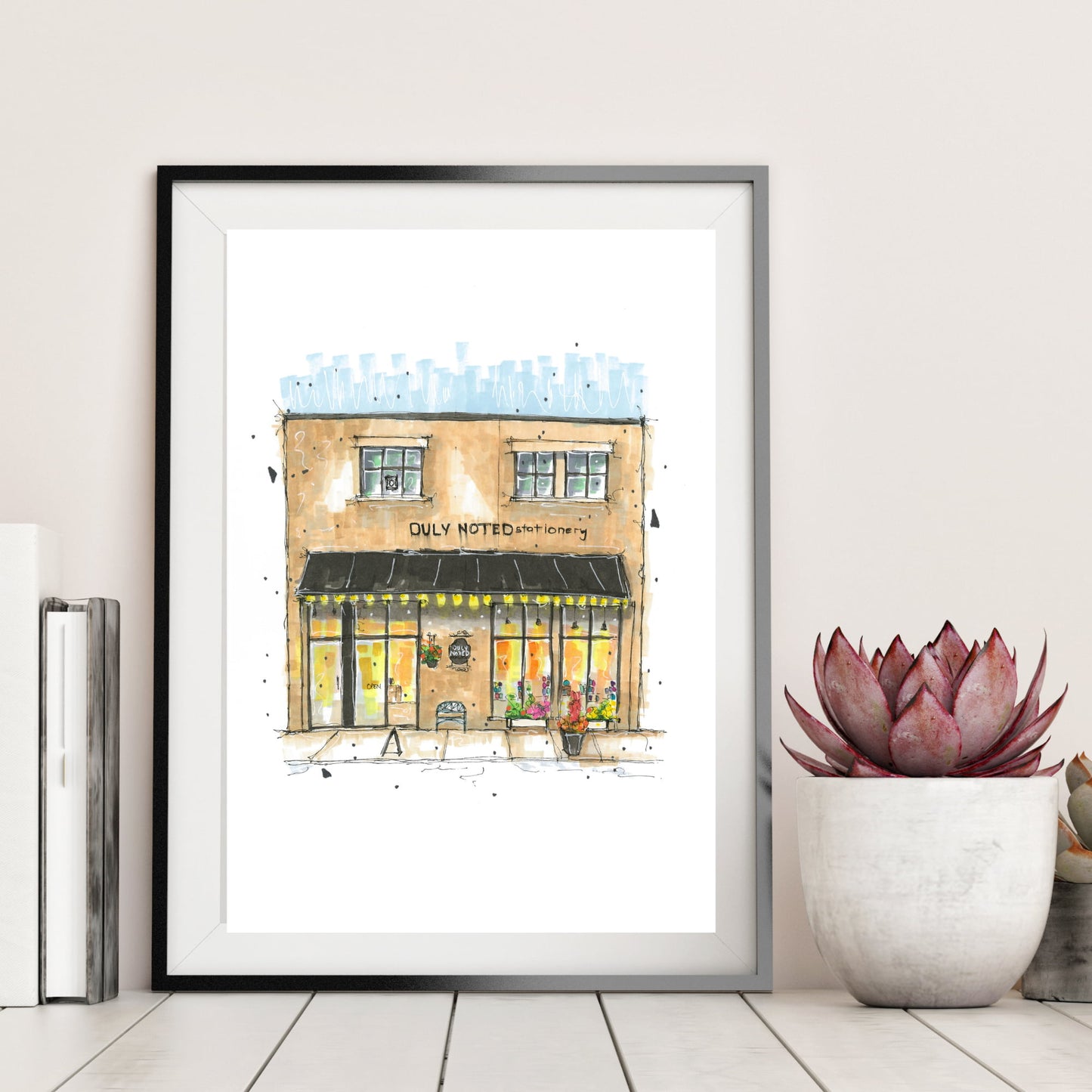 DTS0039 - Duly Noted Stationary, Halifax, Storefront Print, White and Brown, Architectural Sketch, Corner Shop, Art print, Downtown Sketcher, Wynand van Niekerk