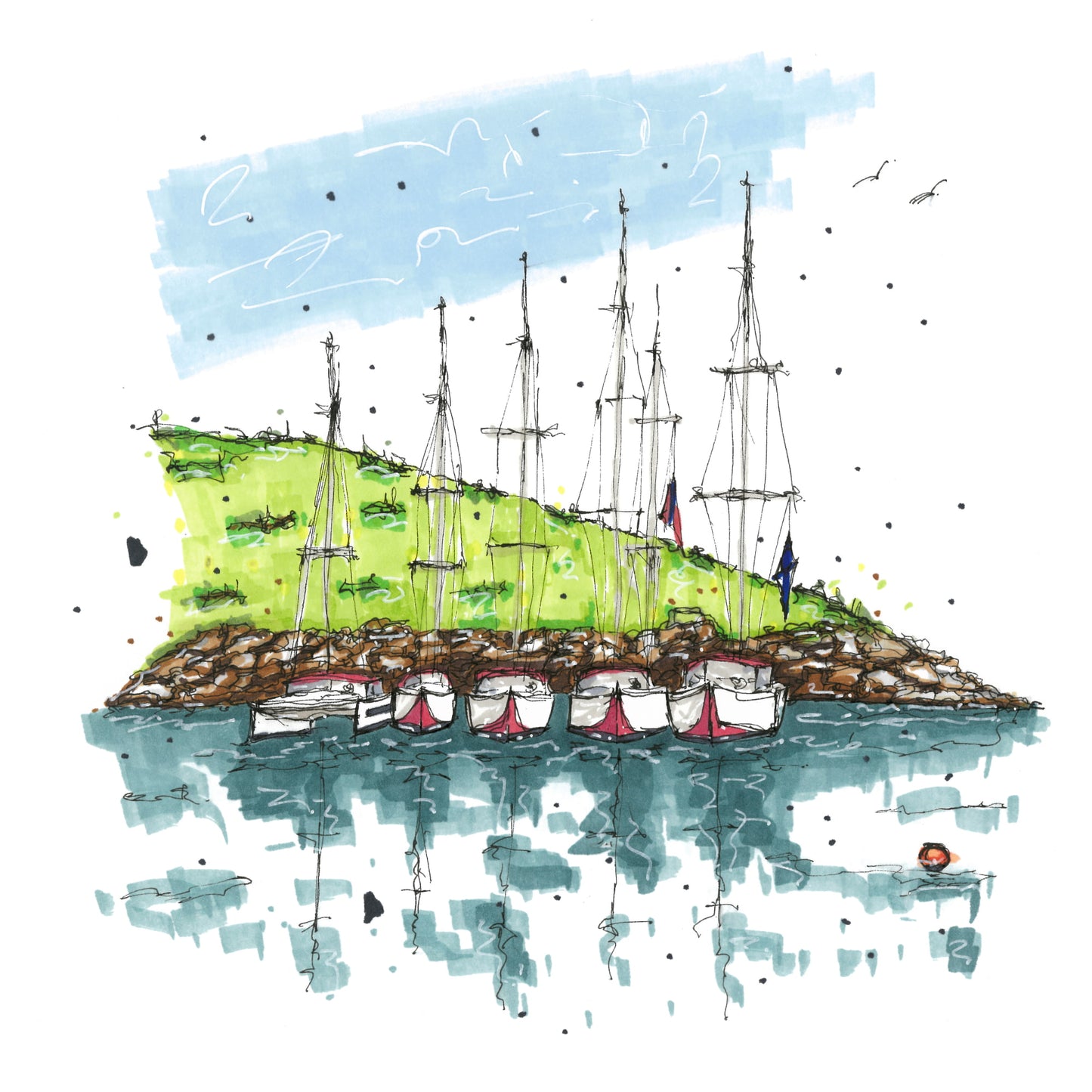 DTS0047 Anchored Sailboats, Greeting Card with Envelope, Downtown Sketcher, Wynand van Niekerk