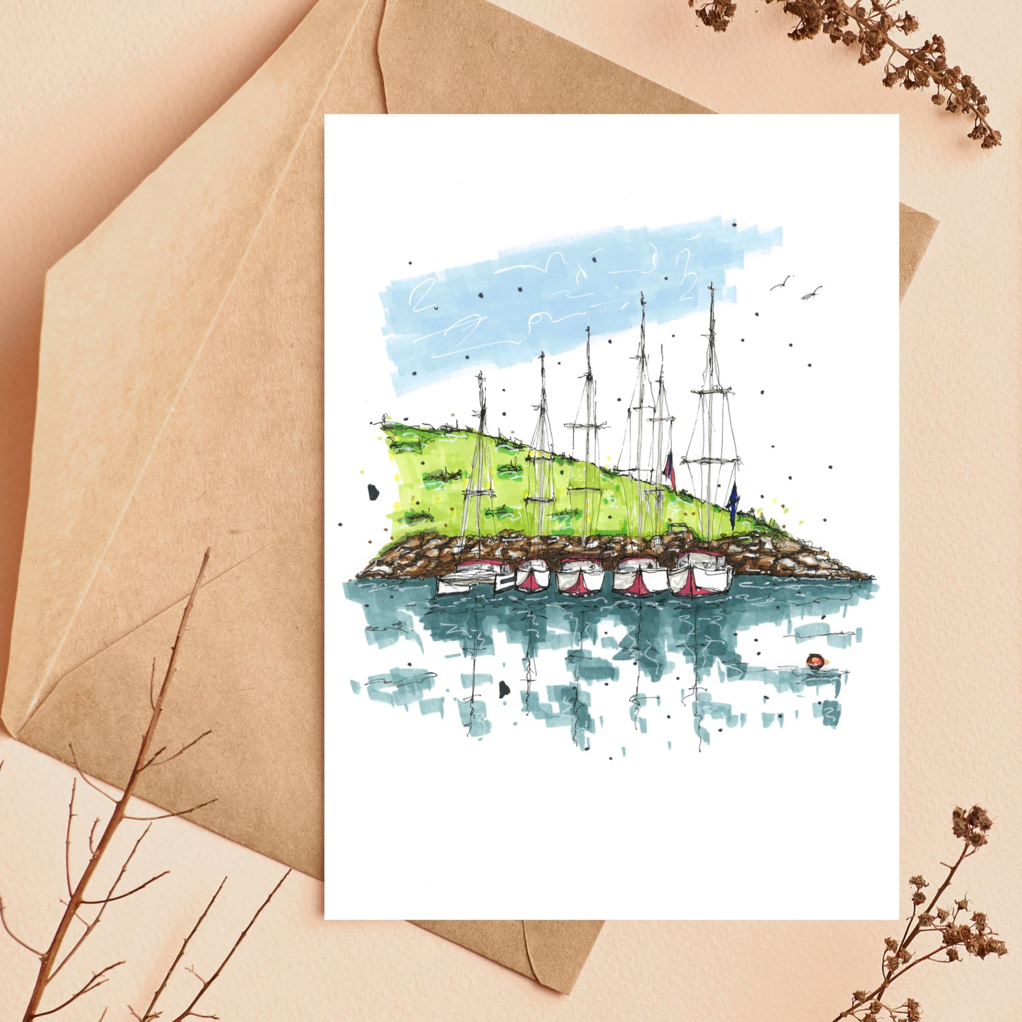DTS0047 Anchored Sailboats, Greeting Card with Envelope, Downtown Sketcher, Wynand van Niekerk