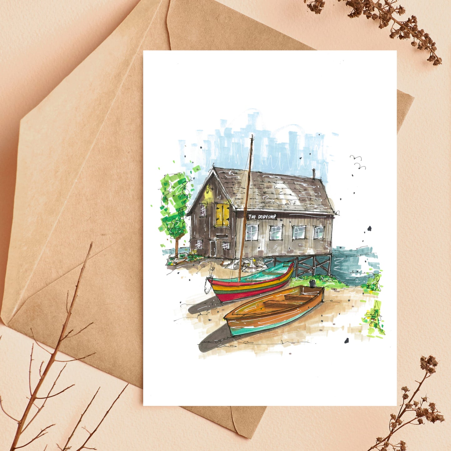 The Dory Shop, Lunenburg, Nova Scotia, Greeting Card, Downtownsketcher, Wynand van Niekerk, DTS0051