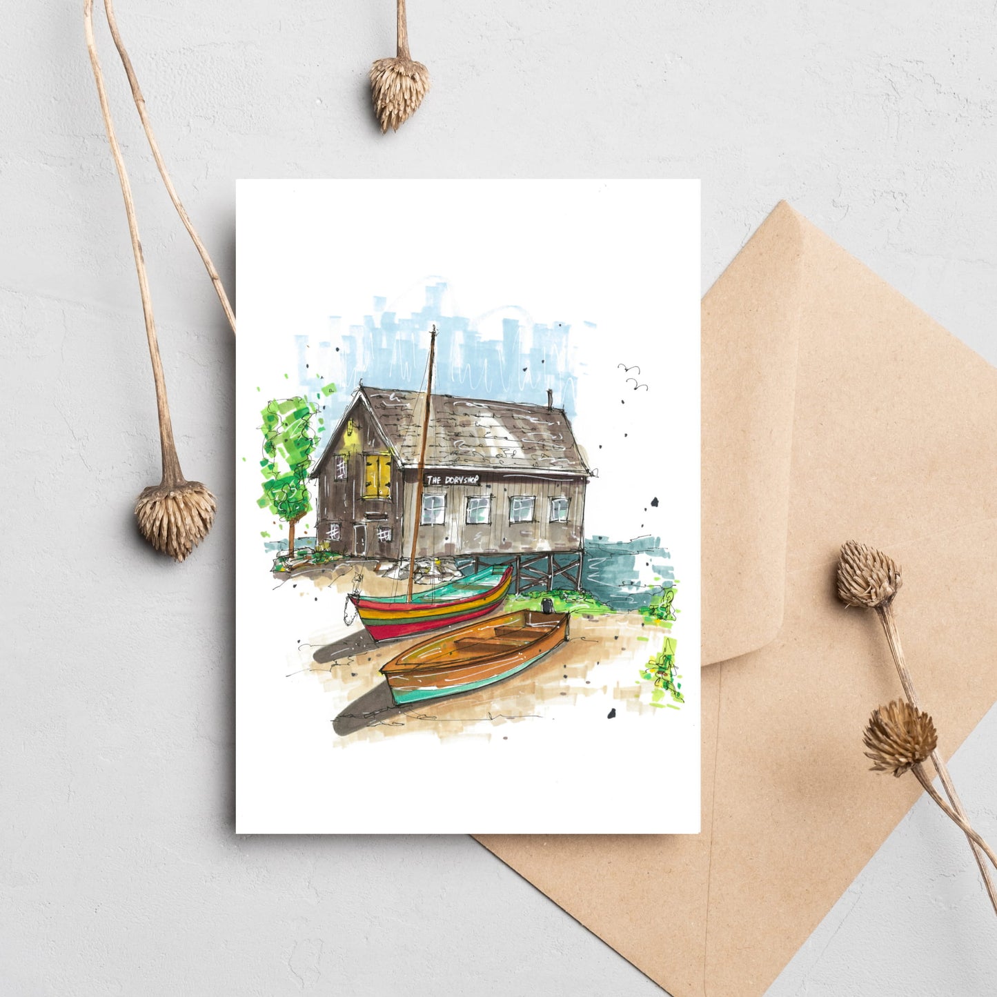 The Dory Shop, Lunenburg, Nova Scotia, Greeting Card, Downtownsketcher, Wynand van Niekerk, DTS0051