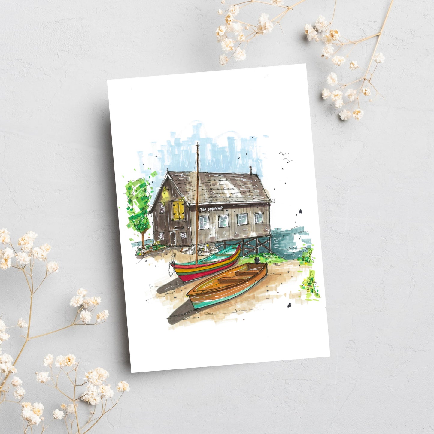 The Dory Shop, Lunenburg, Nova Scotia, Greeting Card, Downtownsketcher, Wynand van Niekerk, DTS0051