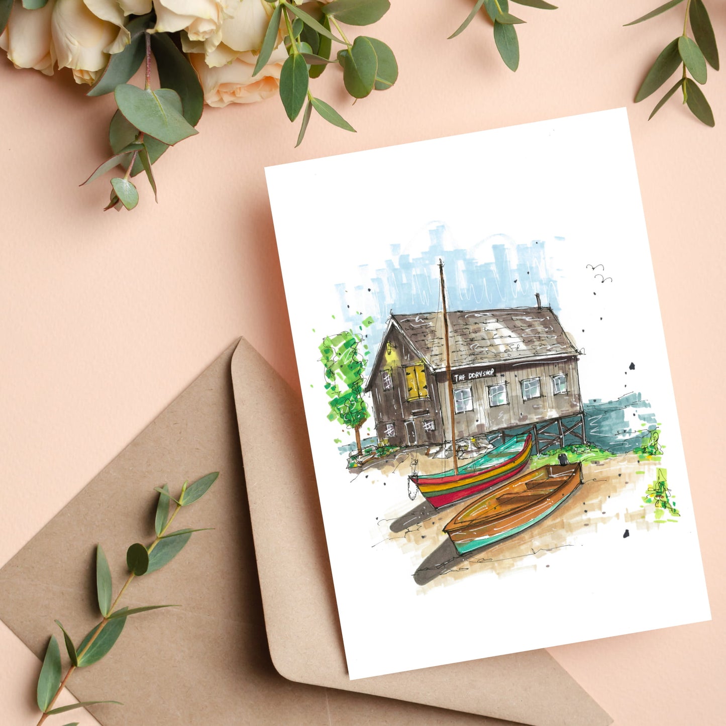The Dory Shop, Lunenburg, Nova Scotia, Greeting Card, Downtownsketcher, Wynand van Niekerk, DTS0051