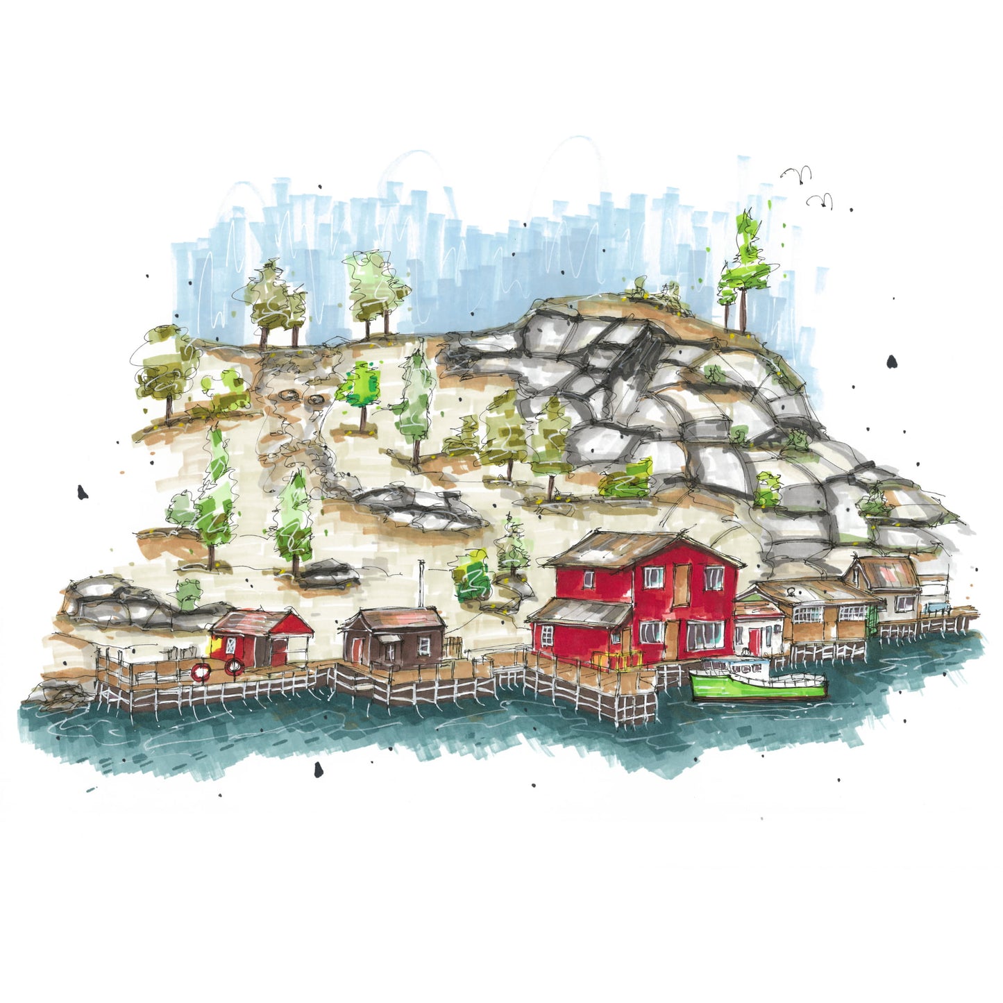 The Wharf at Quidi Vidi Village, St. John's, Newfoundland, Print, Downtownsketcher, Wynand van Niekerk, DTS0052