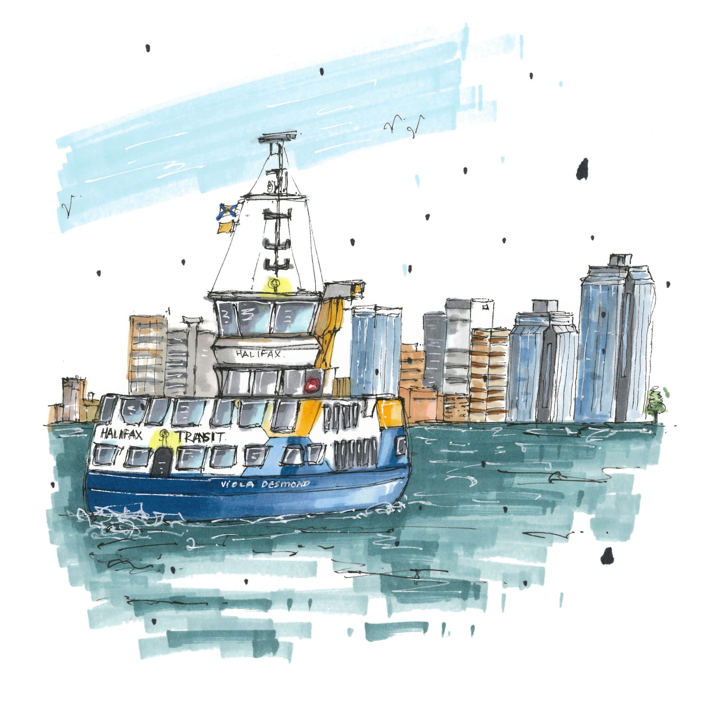 DTS0105 - Halifax Ferry, Halifax, Nova Scotia, Urban Sketch, Greeting Card with Envelope, Downtown Sketcher, Wynand van Niekerk