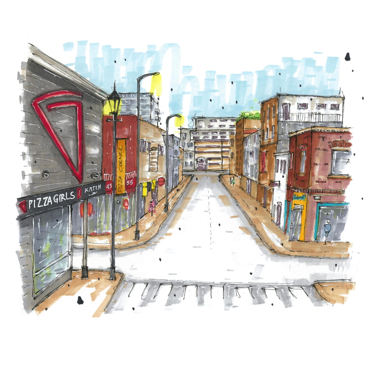 DTS0106 - Pizza Corner Halifax, Nova Scotia, Urban Sketch, Greeting Card with Envelope, Downtown Sketcher, Wynand van Niekerk