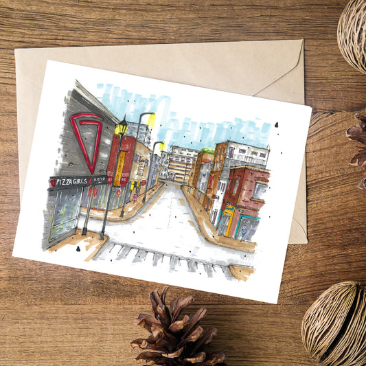 DTS0106 - Pizza Corner Halifax, Nova Scotia, Urban Sketch, Greeting Card with Envelope, Downtown Sketcher, Wynand van Niekerk