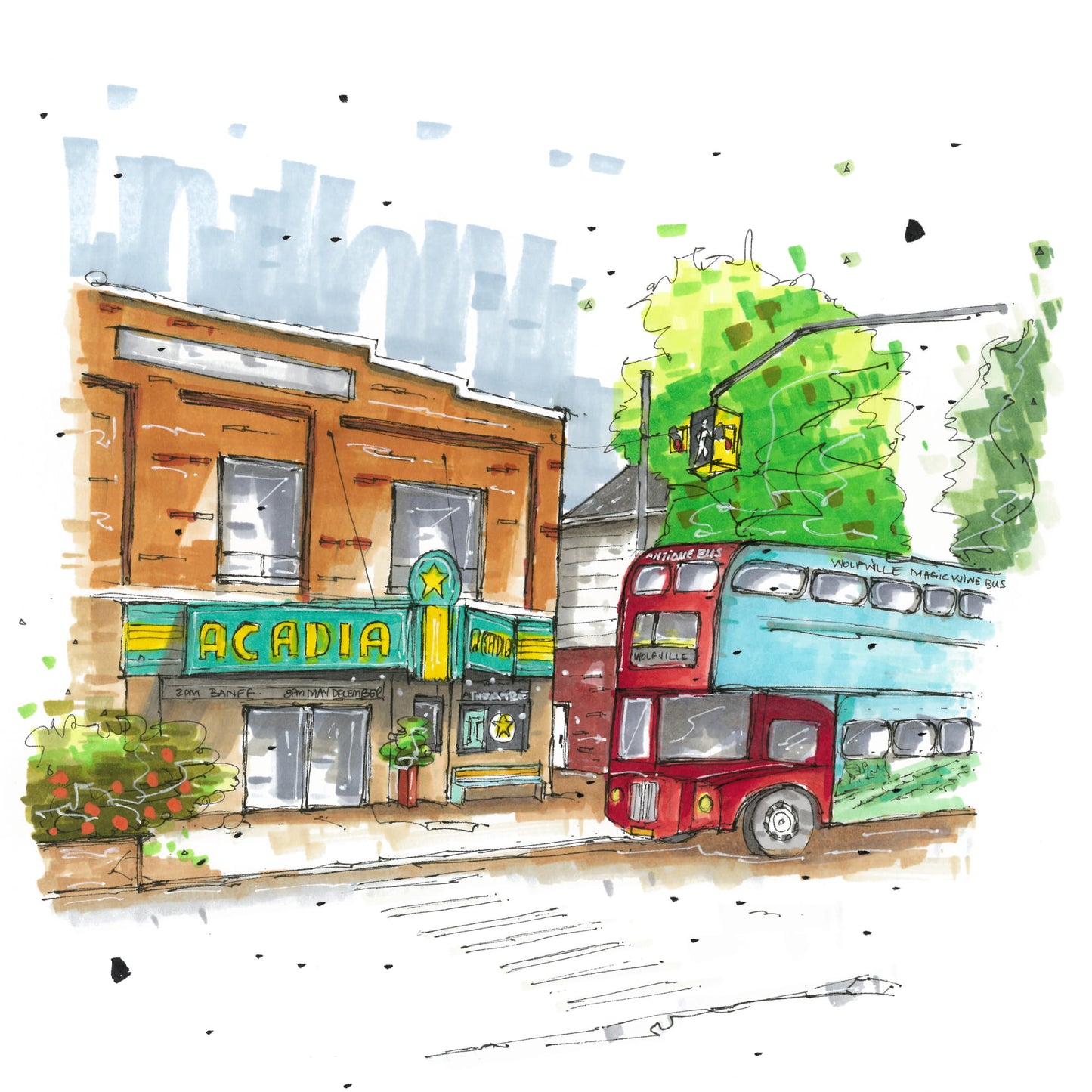 DTS0114 Al Whittle Theatre, Acadia Theatre & Magic Winery Bus Wolfville, Print, Downtownsketcher, Wynand van Niekerk, DTS0087