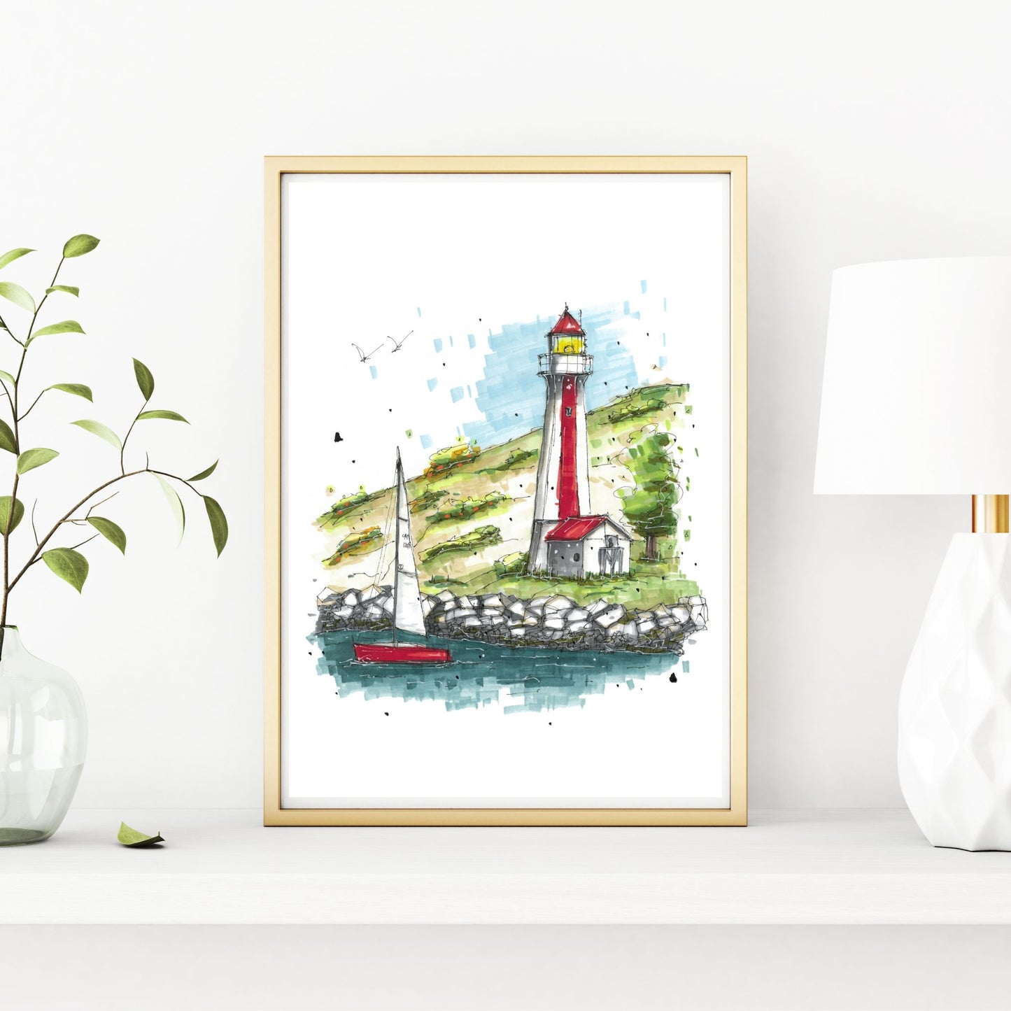 Georges Island Lighthouse, Terence Bay, Halifax, Print, Downtown Sketcher, Wynand van Niekerk