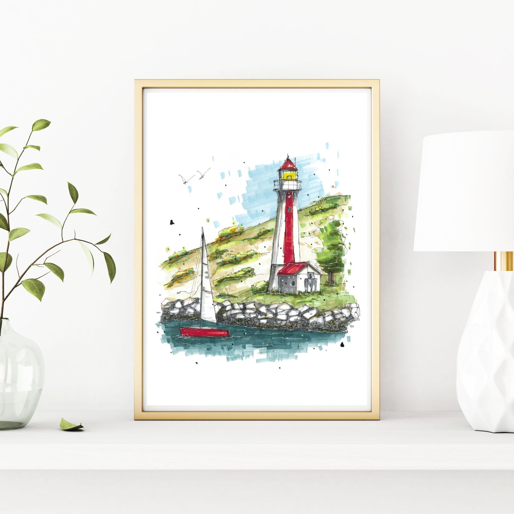 Georges Island Lighthouse, Terence Bay, Halifax, Print, Downtown Sketcher, Wynand van Niekerk
