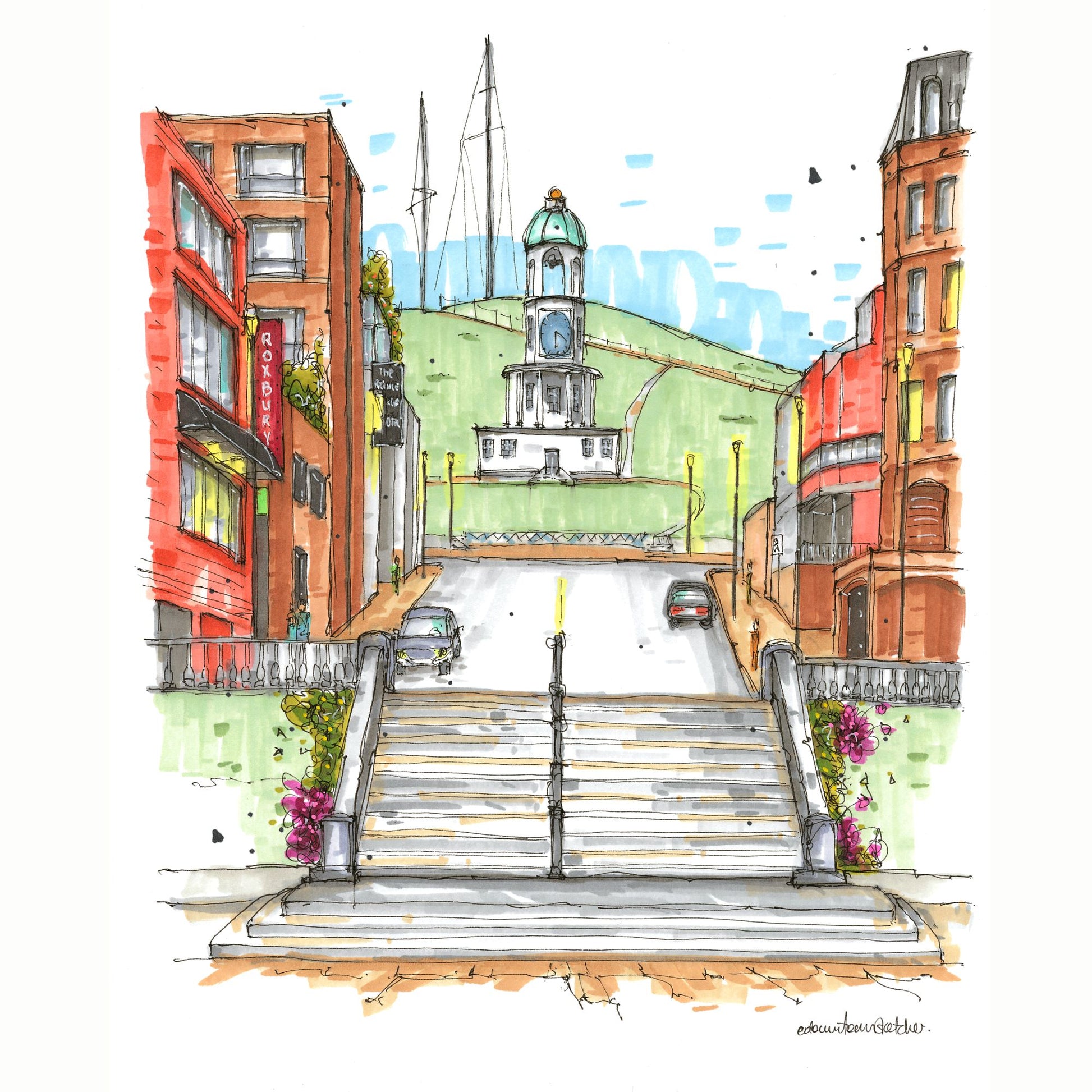 DTS0211 Grand Parade view to the Citadel Clock Tower, Halifax - Downtown Sketcher