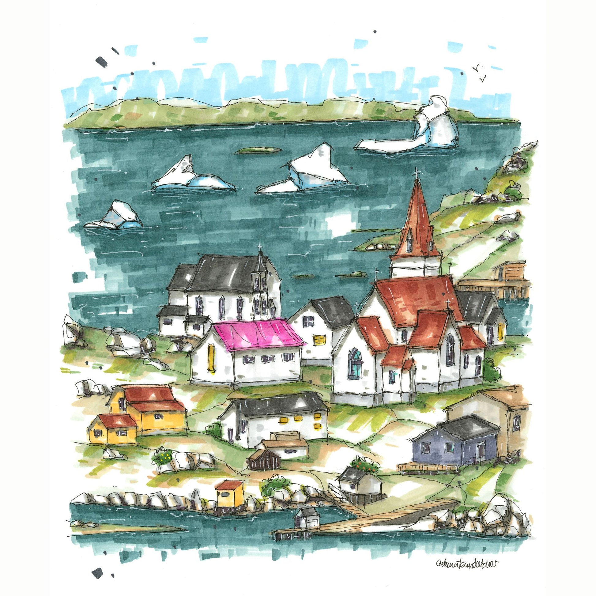 DTS0223 Icebergs at Fogo Island, Newfoundland - Downtown Sketcher
