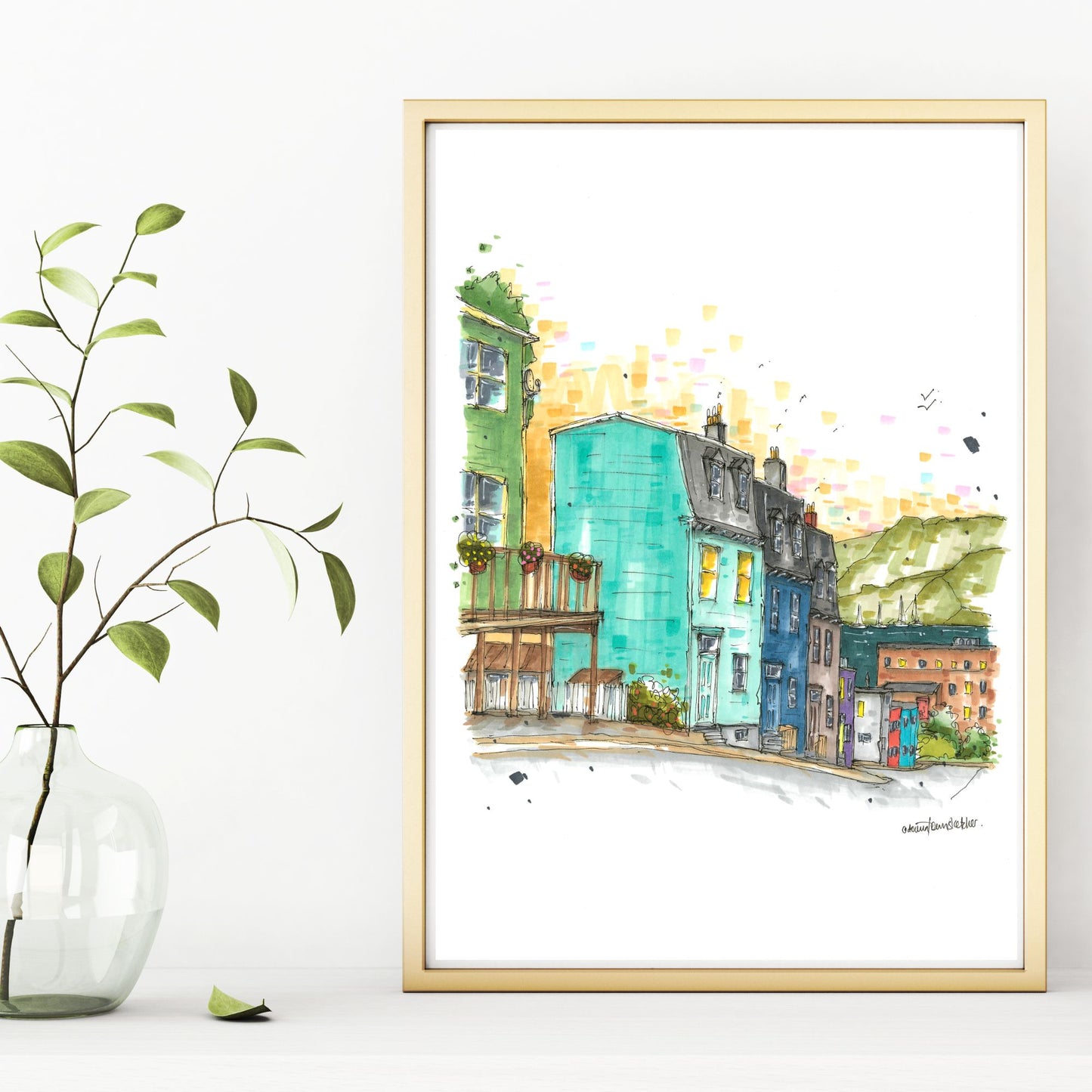DTS0225 Colourful houses, Halloway street, St John's, Newfoundland - Downtown Sketcher
