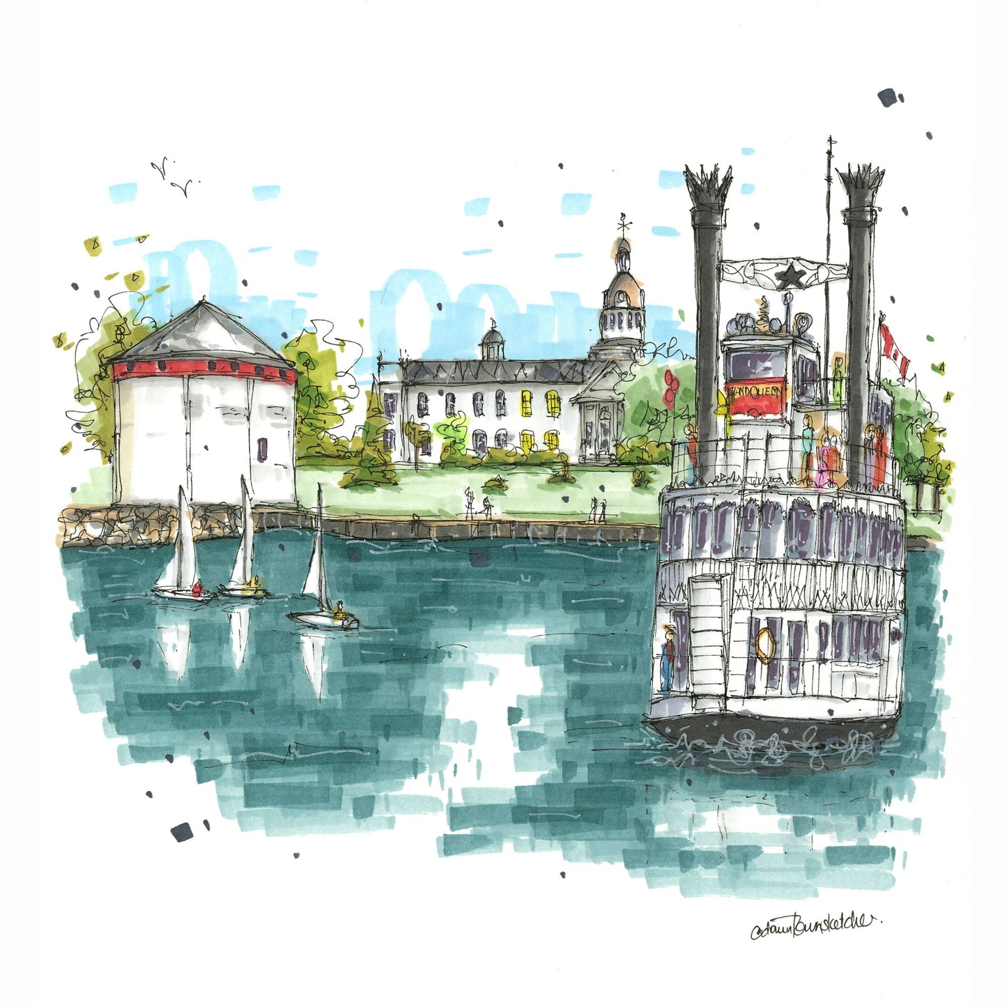 DTS0234 Island Queen 1000 Island Cruises & Shoal Tower, Kingston Ontario - Downtown Sketcher