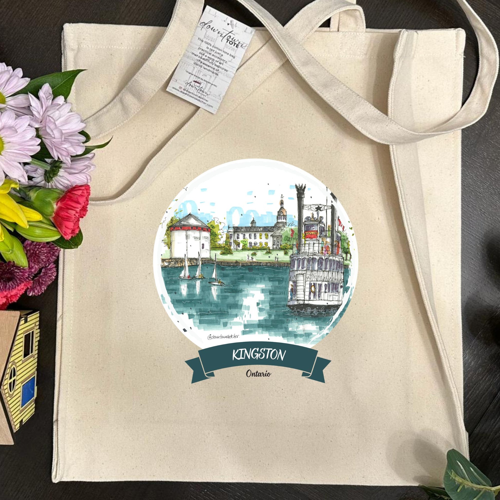 DTS0234 Island Queen 1000 Island Cruises & Shoal Tower, Kingston Ontario - Downtown Tote Tall- Downtown Sketcher