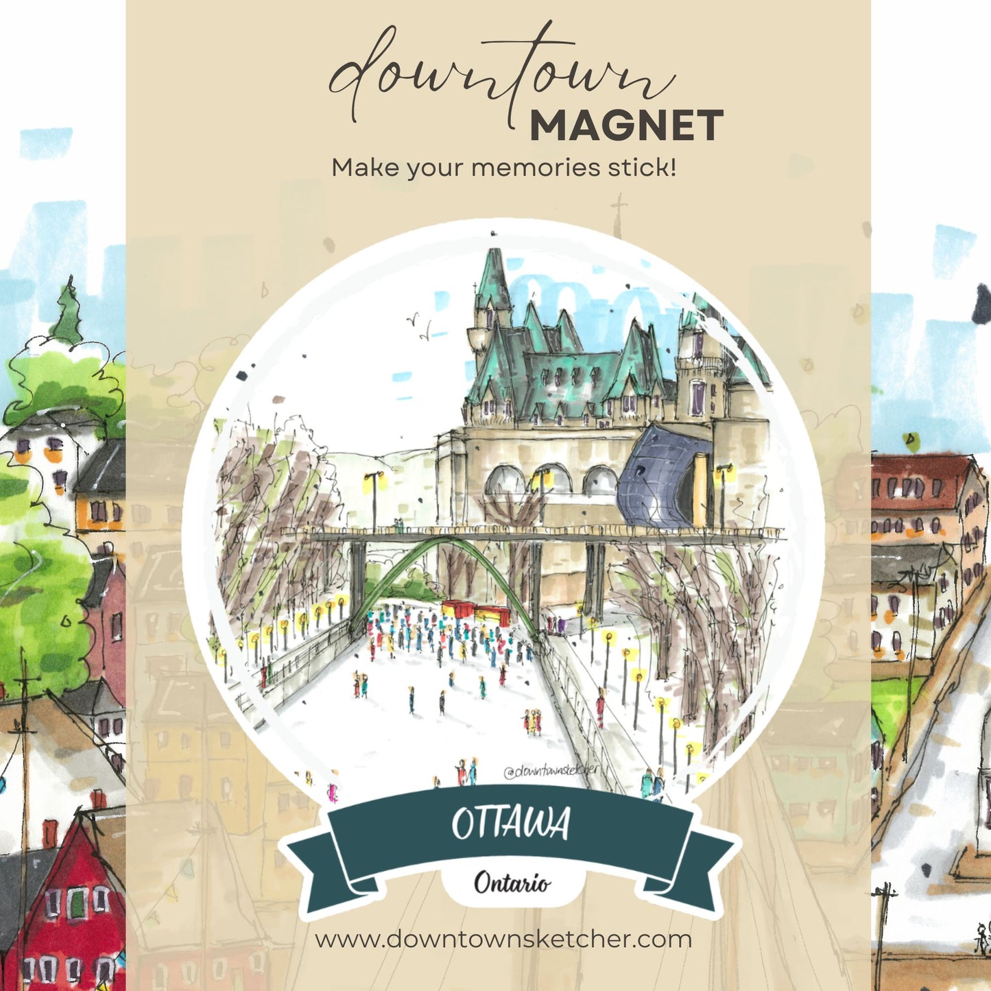 Skating the Rideau Canal, Ottawa - Magnet - Downtown Sketcher