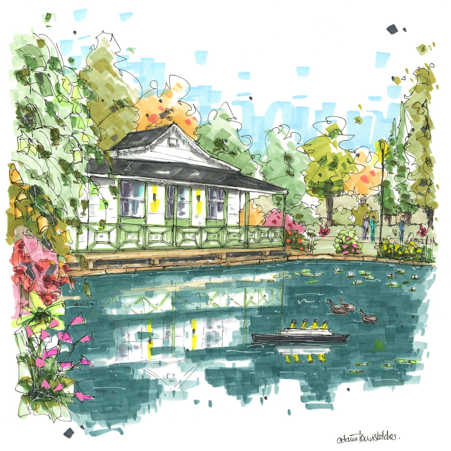 DTS0243 Griffin's Pond and model Titanic, Halifax Public Gardens - Downtown Sketcher