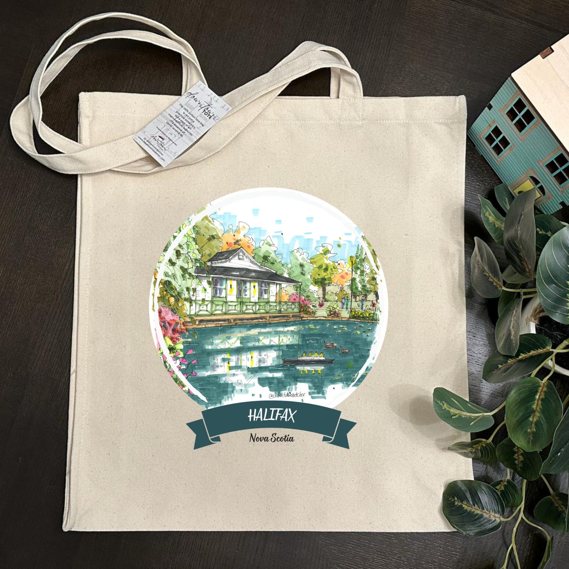 DTS0243 Griffin's Pond and model Titanic, Halifax Public Gardens - Tote Bag - Downtown Sketcher