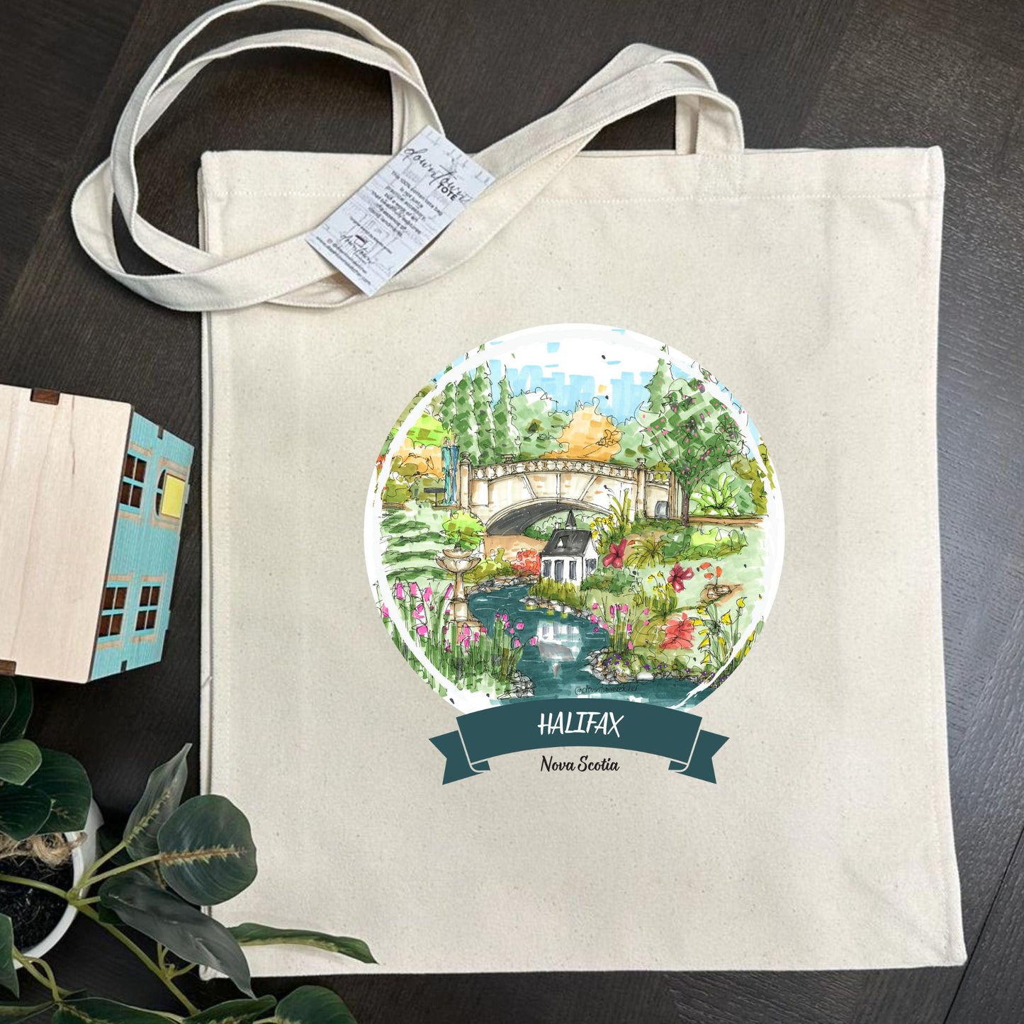 DTS0244 Miniature house, stream and bridge, Halifax Public Gardens - Tote Bag - Downtown Sketcher