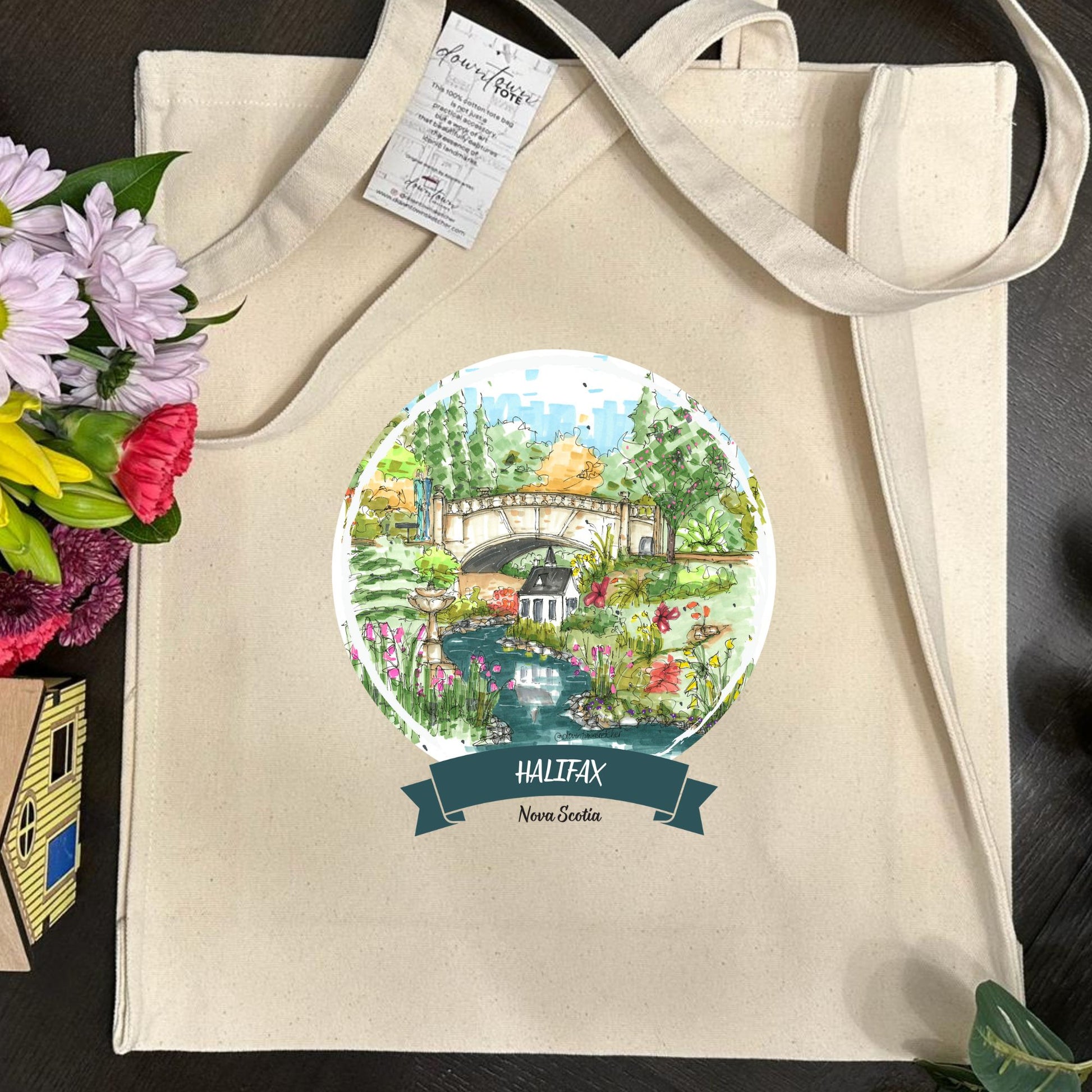 DTS0244 Miniature house, stream and bridge, Halifax Public Gardens - Tote Bag - Downtown Sketcher
