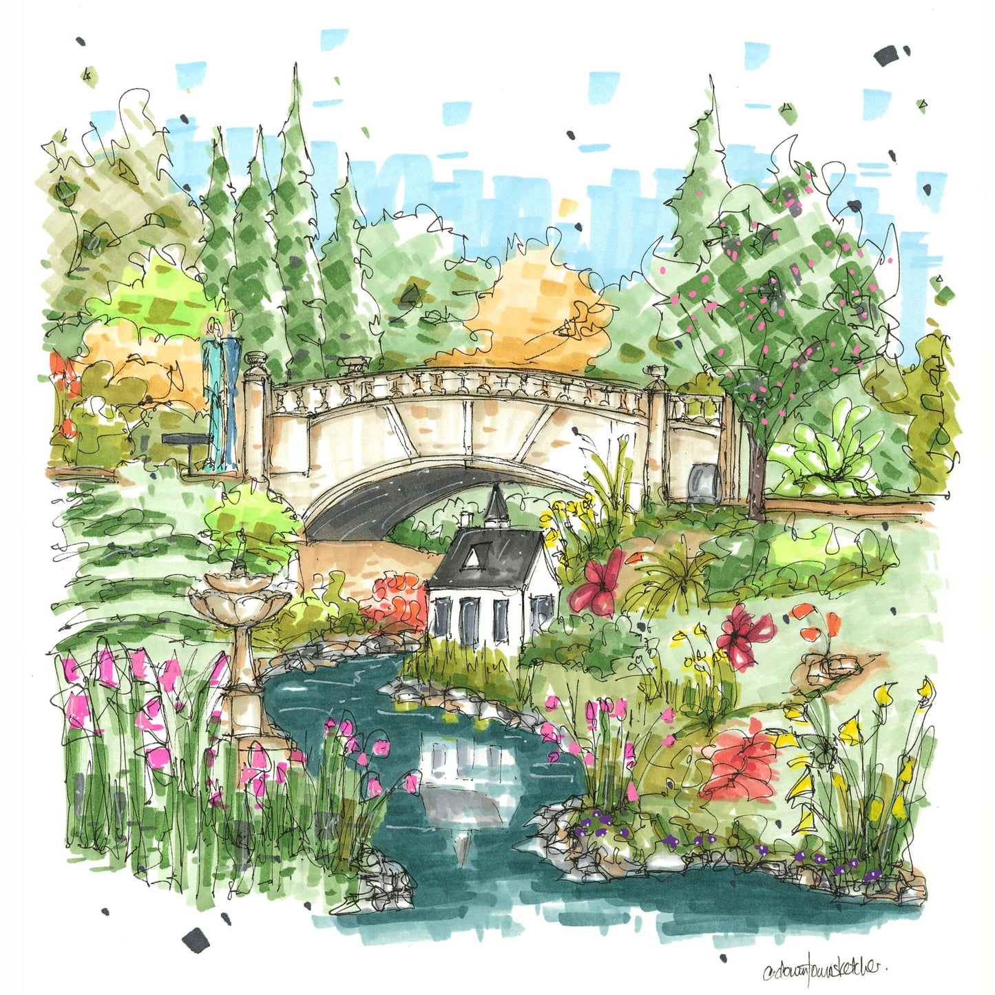 DTS0244 Miniature house, stream and bridge, Halifax Public Gardens - Downtown Sketcher