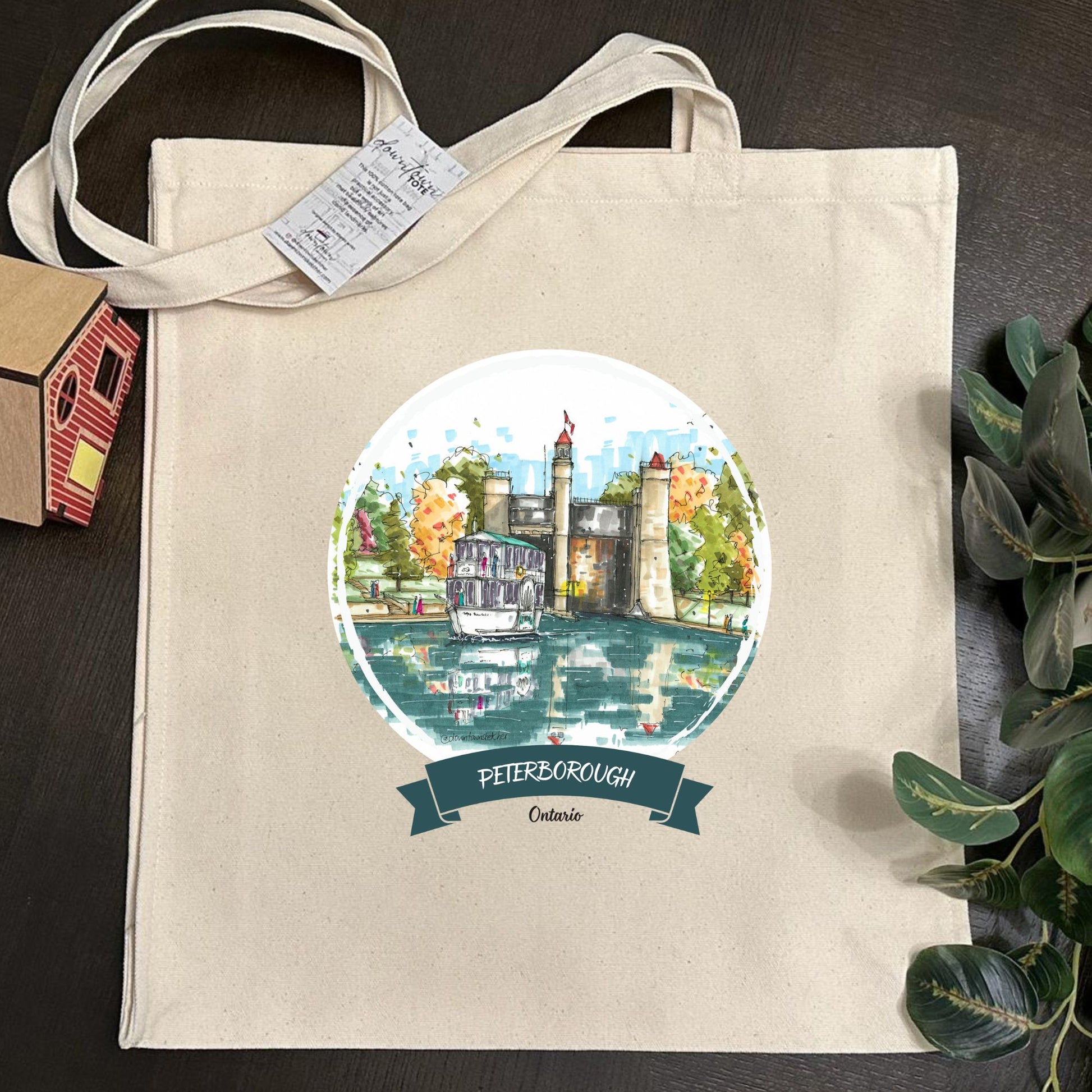 DTS0262 Liftlock & the Riverboat Cruises, Peterborough, Ontario - Tote Bag - Downtown Sketcher - Tote Bag - Downtown Sketcher (1)