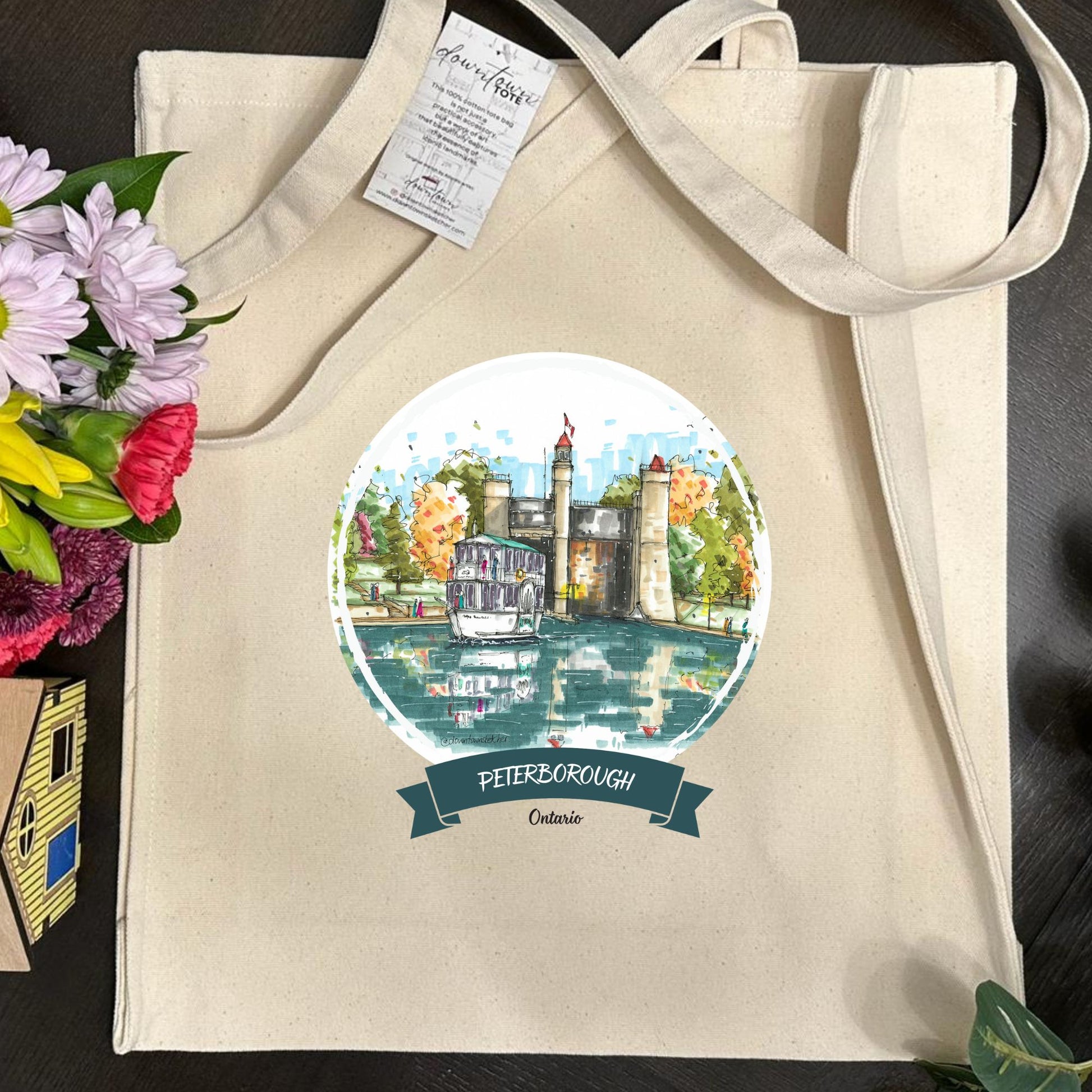 DTS0262 Liftlock & the Riverboat Cruises, Peterborough, Ontario - Tote Bag - Downtown Sketcher - Tote Bag - Downtown Sketcher (1)