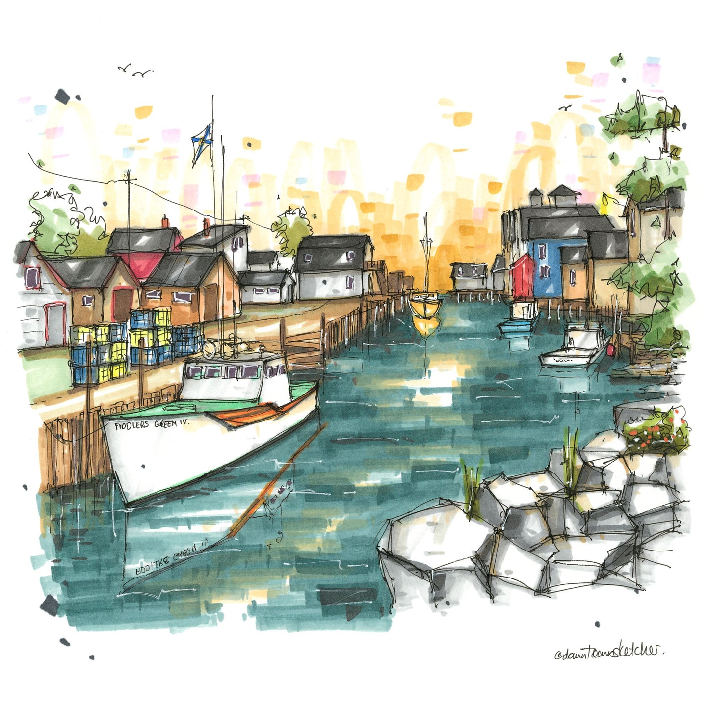 DTS0275 Fishersman's Cove and Fiddlers Green IV Greeting Card - Downtown Sketcher