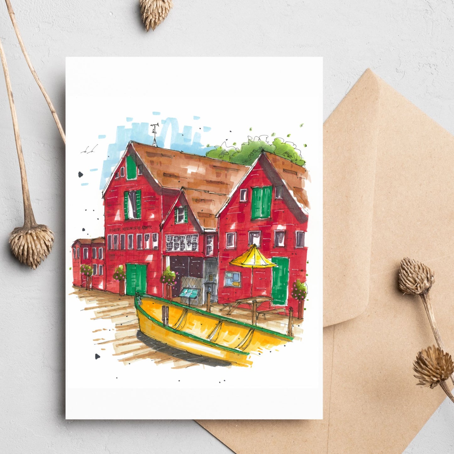 Dory at the Fisheries Museum of the Atlantic Lunenburg - Greeting Card - Downtown Sketcher