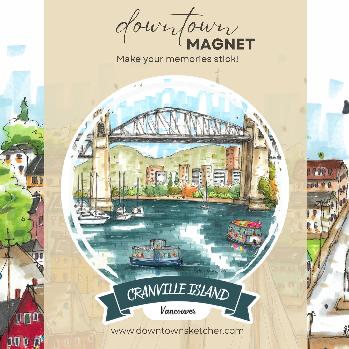 False Creek Ferry & Aquabus, Granville Island, Vancouver - Magnet - Downtown Sketcher